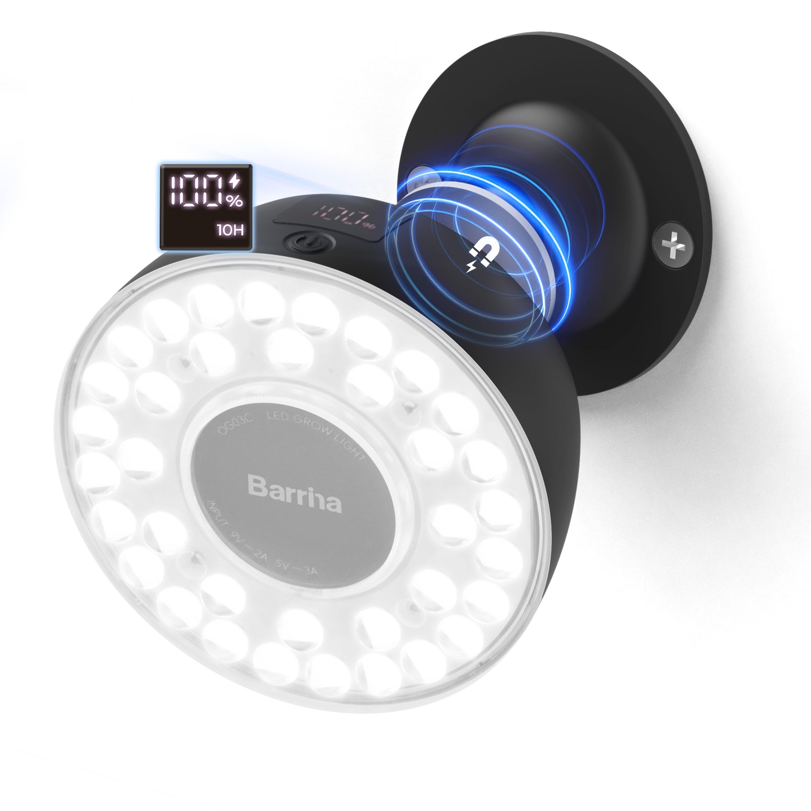 Barrina Orbgrow Rechargeable LED Puck Grow Lights 5000K | Full Spectrum, Magnetic & Timing | OG03C (Black)