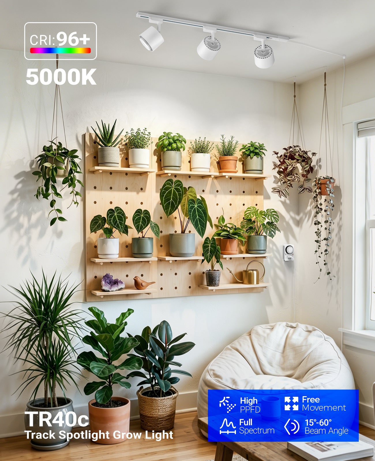 Barrina TR40c 3 x 40W LED Track Grow Lights 5000K | Full Spectrum, Ceiling Track & Timer | TR40c (White)