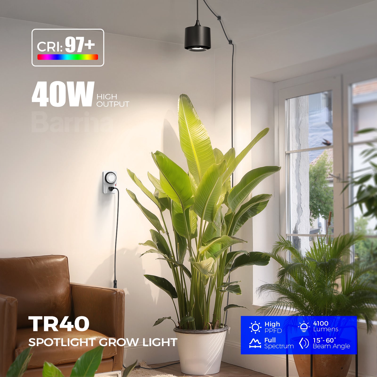 Barrina TR40 40W LED Grow Lights 4000K | Full Spectrum, Hanging & Timer | TR40 (Black)