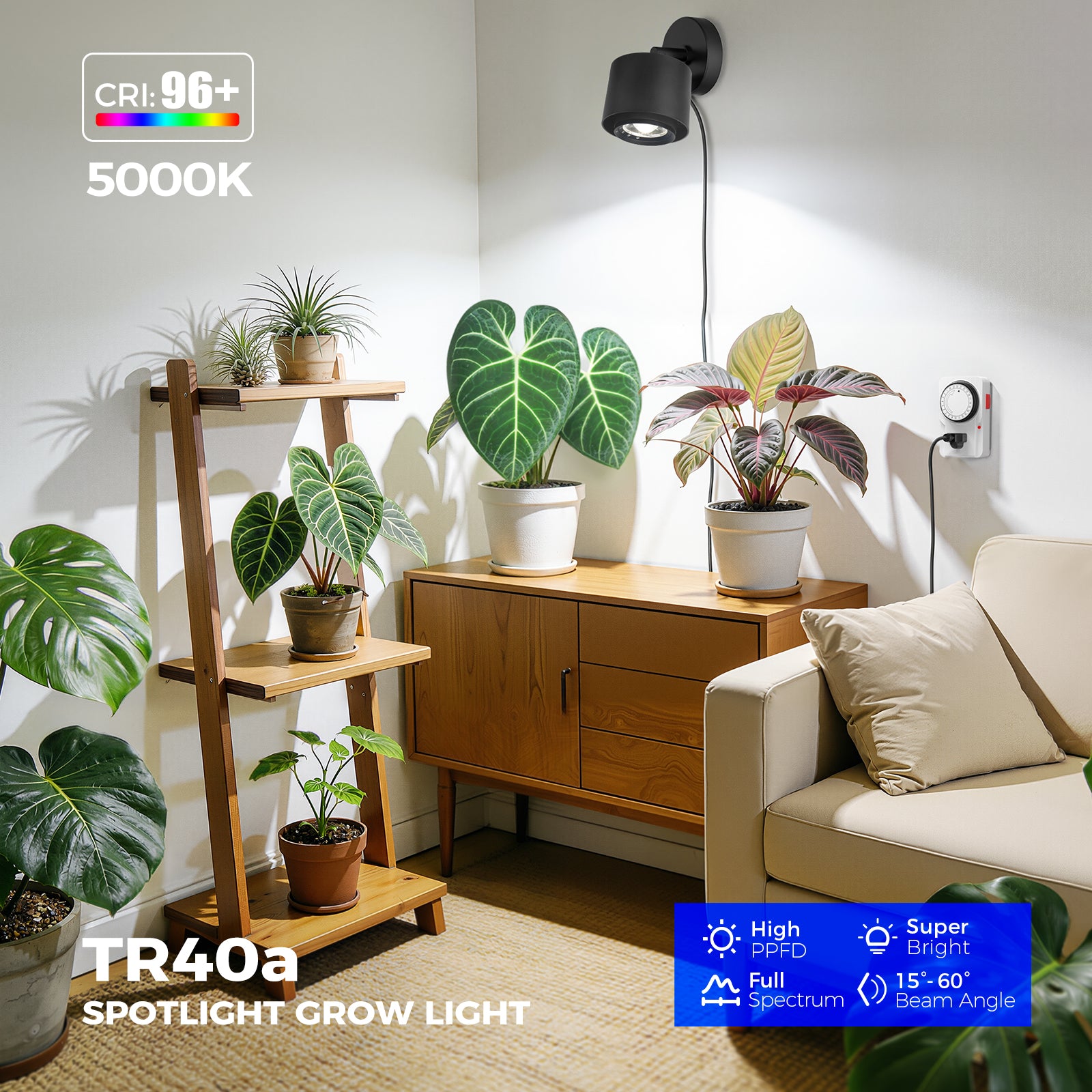 Barrina TR40a 40W LED Grow Lights 5000K | Full Spectrum, Mounted & Timer | TR40a (Black)