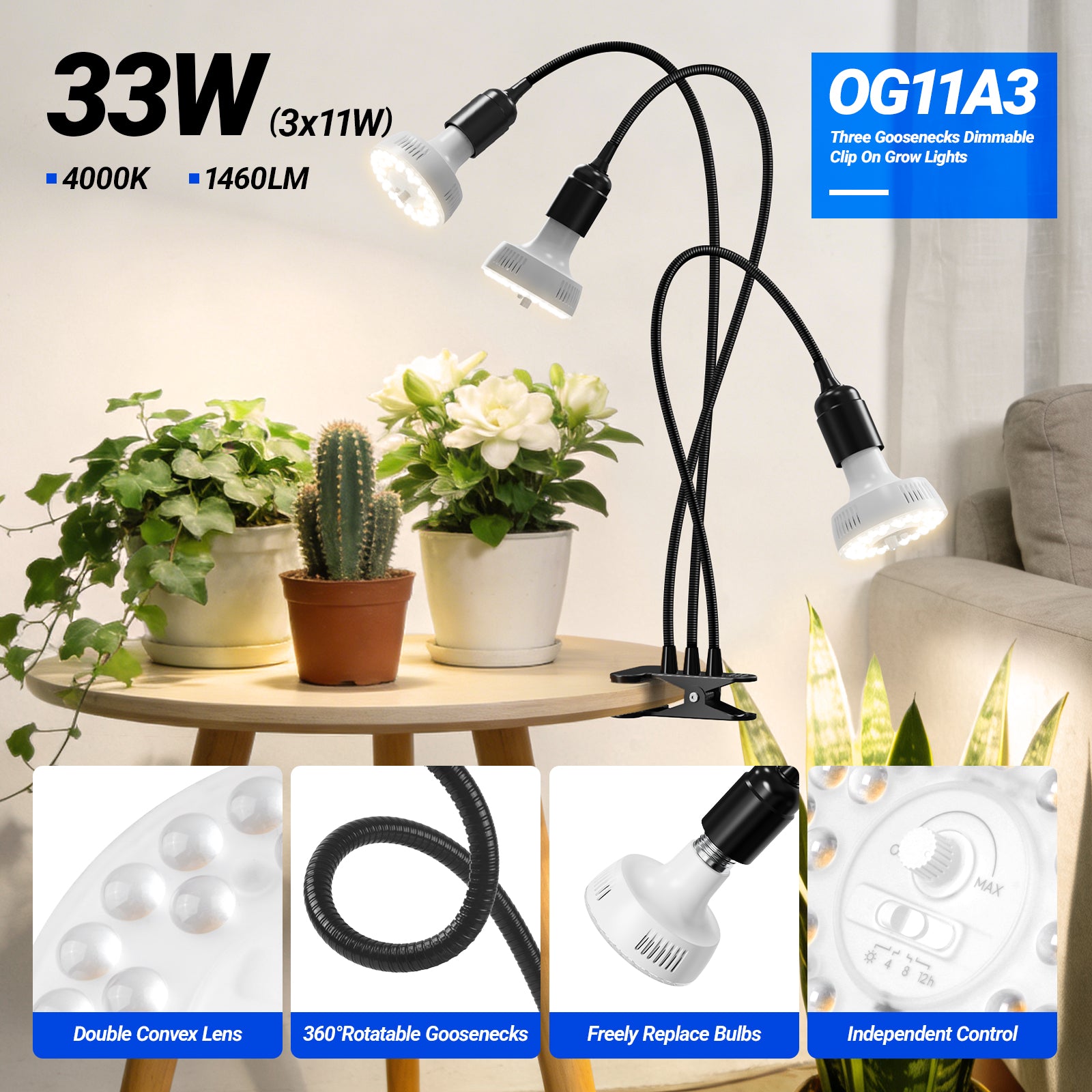 Barrina Orbgrow 3 x 11W Clip-On LED Grow Lights 4000K | Full Spectrum, Dimmable & Timing | OG11A