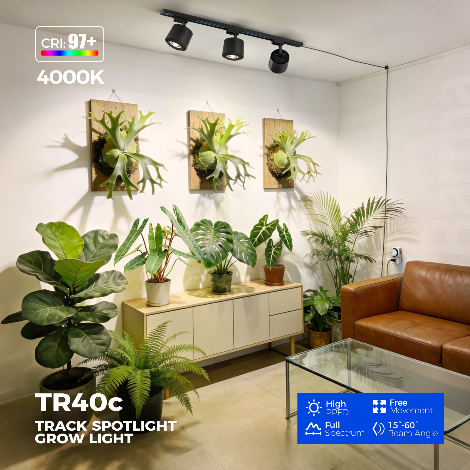 Barrina TR40c 3 x 40W LED Track Grow Lights 4000K | Full Spectrum, Ceiling Track & Timer | TR40c (Black)