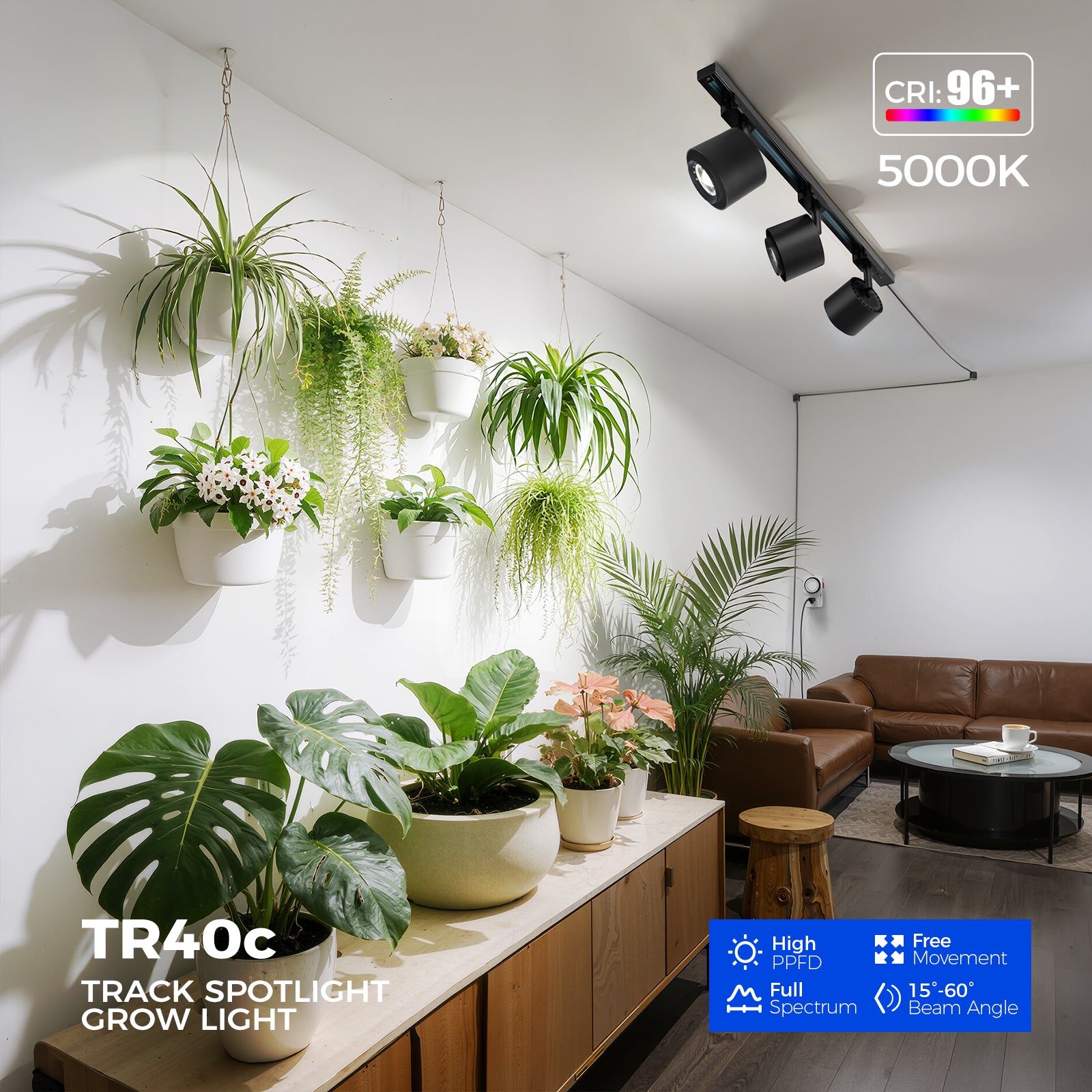 Barrina TR40c 3 x 40W LED Grow Lights 5000K | Full Spectrum, Ceiling Track & Timer | TR40c (Black)