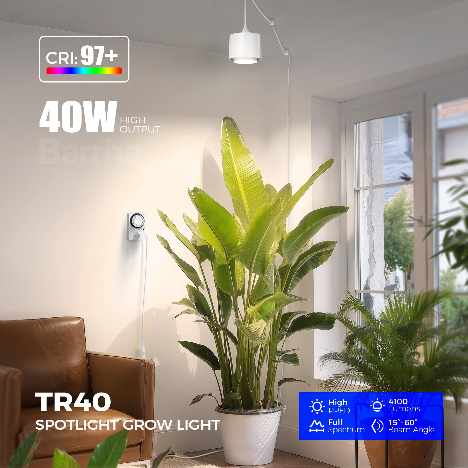 Barrina TR40 40W LED Grow Lights 4000K | Full Spectrum, Hanging & Timer | TR40 (White)