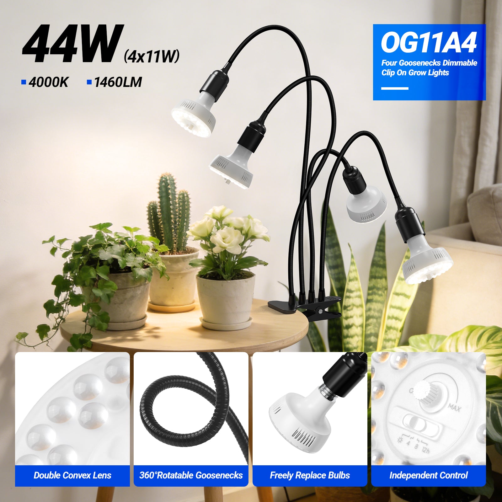 Barrina Orbgrow 4 x 11W Clip-On LED Grow Lights 4000K | Full Spectrum, Dimmable & Timing | OG11A