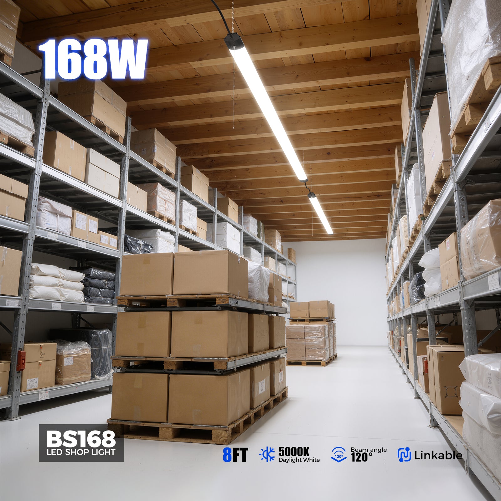Barrina 168W LED Shop Lights 8FT 5000K 16800LM | Hanging, Linkable & Power Plug Cords | BS168