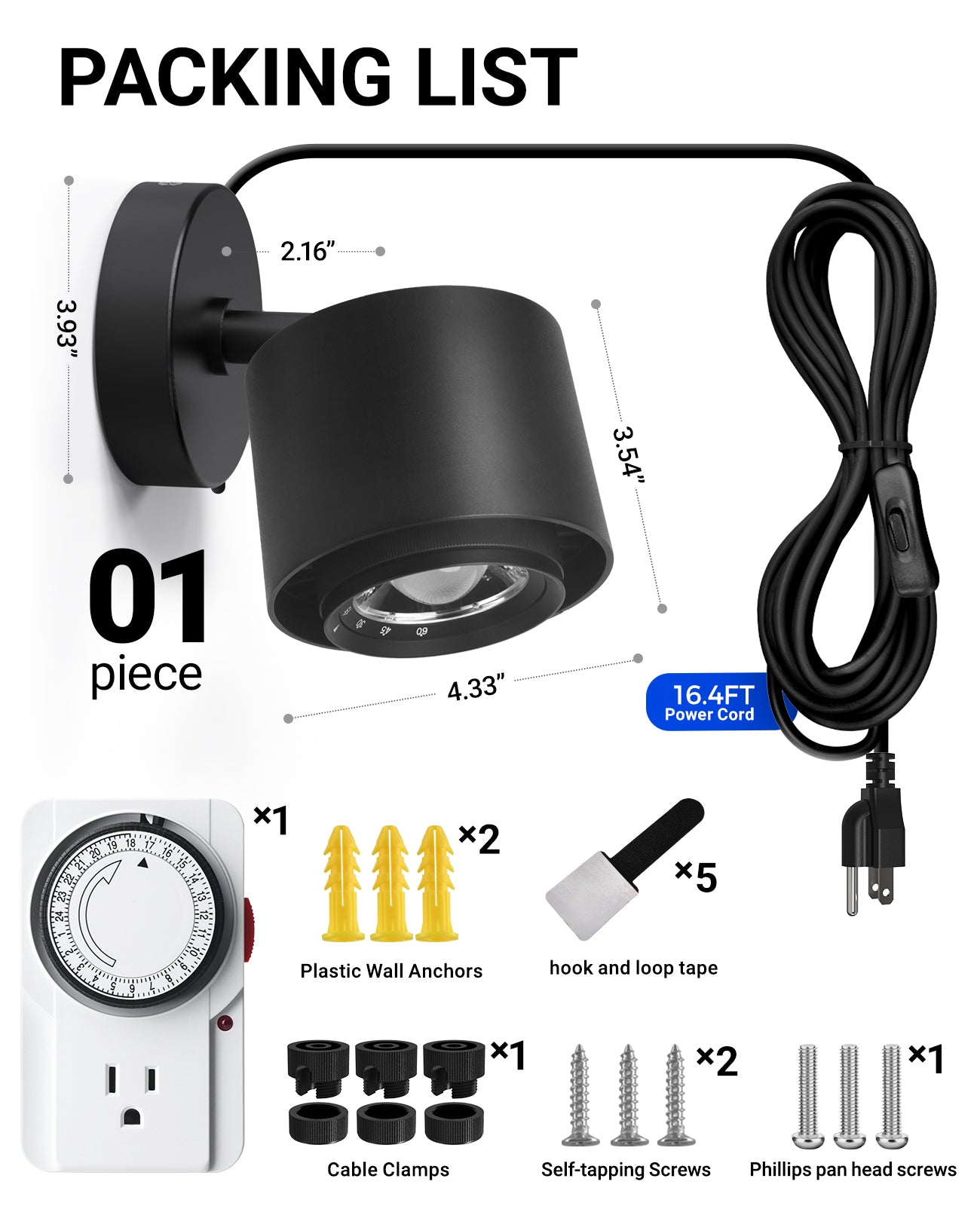 Barrina TR40a 40W LED Grow Lights 5000K | Full Spectrum, Mounted & Timer | TR40a (Black)