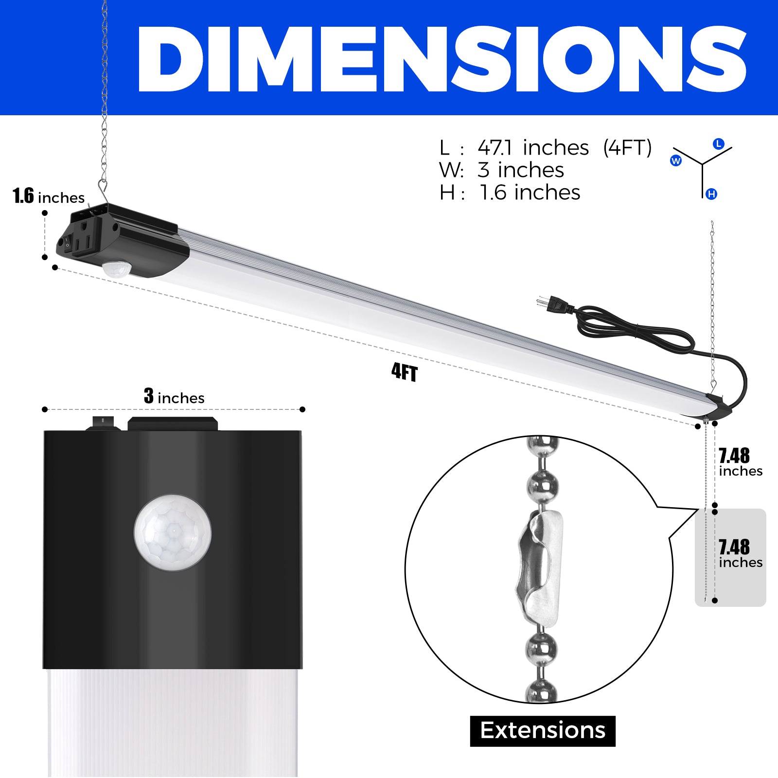 Barrina 84W LED Shop Light 4FT 5000K 10000LM | Motion Sensor, Hanging, Linkable & Power Plug Cords | BS84
