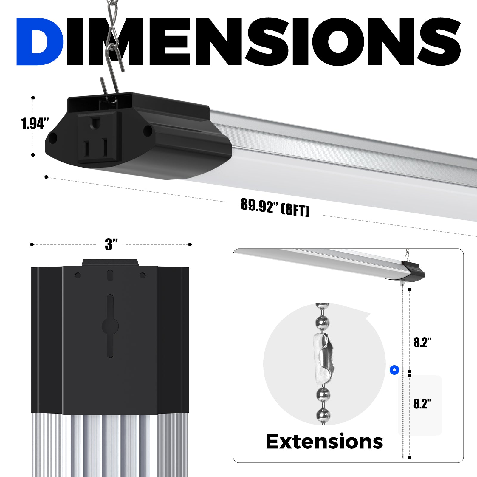 Barrina 168W LED Shop Lights 8FT 5000K 16800LM | Hanging, Linkable & Power Plug Cords | BS168
