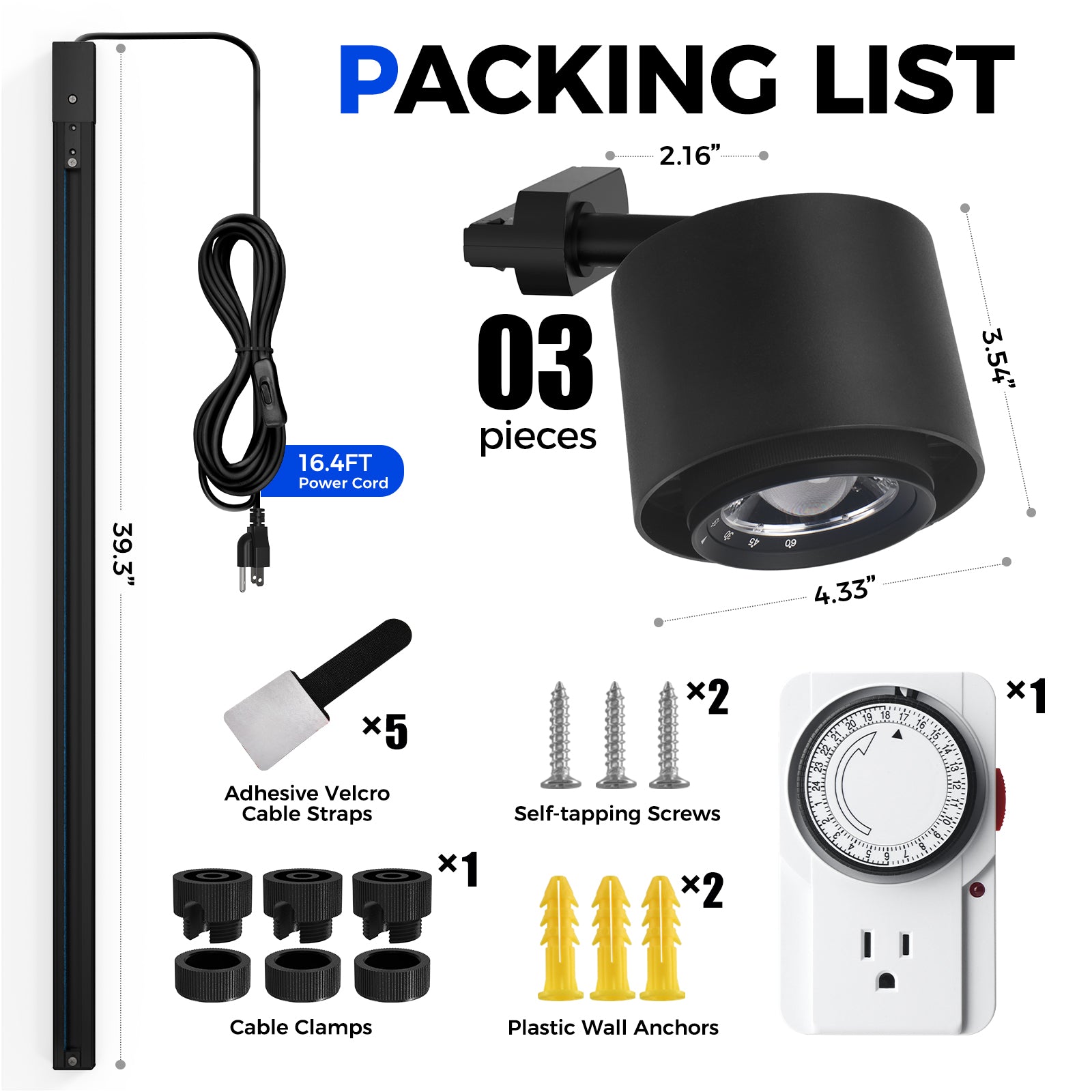 Barrina TR40c 3 x 40W LED Grow Lights 5000K | Full Spectrum, Ceiling Track & Timer | TR40c (Black)