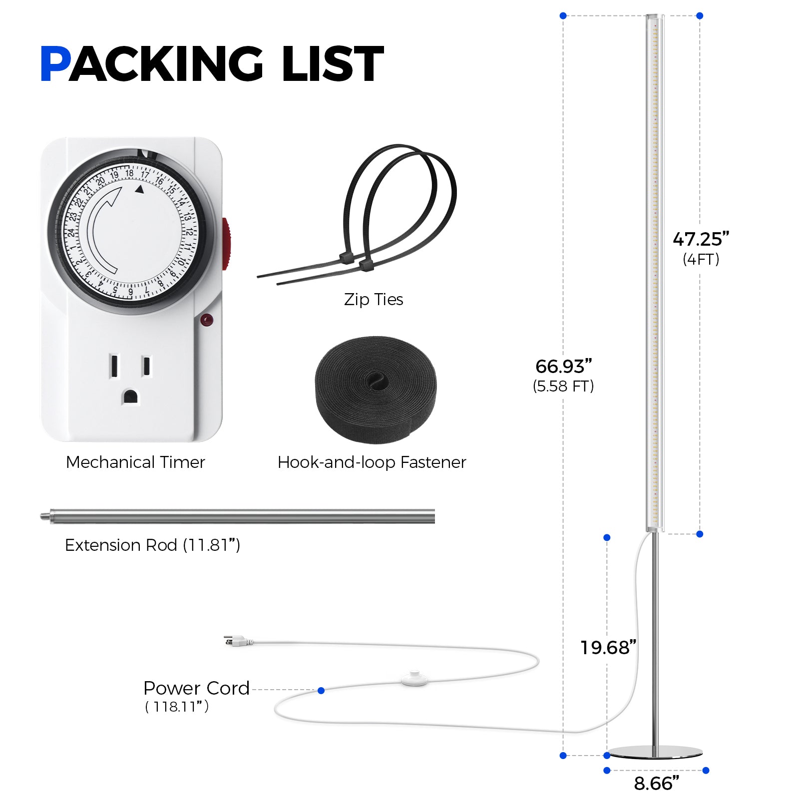 Barrina T1S 65W LED Standing Grow Light 5FT-5.6FT 3000K+6500K+660nm | Full Spectrum & Timer | K10R65