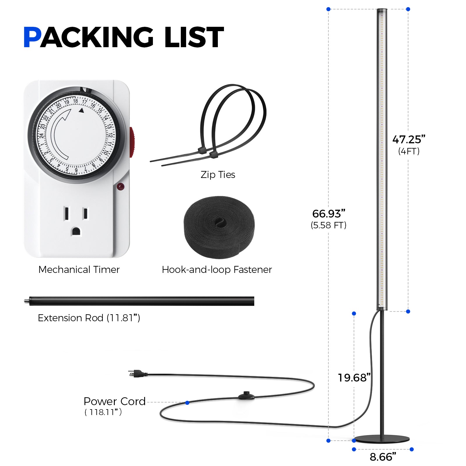 Barrina T1S 65W LED Standing Grow Light 5FT-5.6FT 3000K+6500K+660nm | Full Spectrum & Timer | K10R65