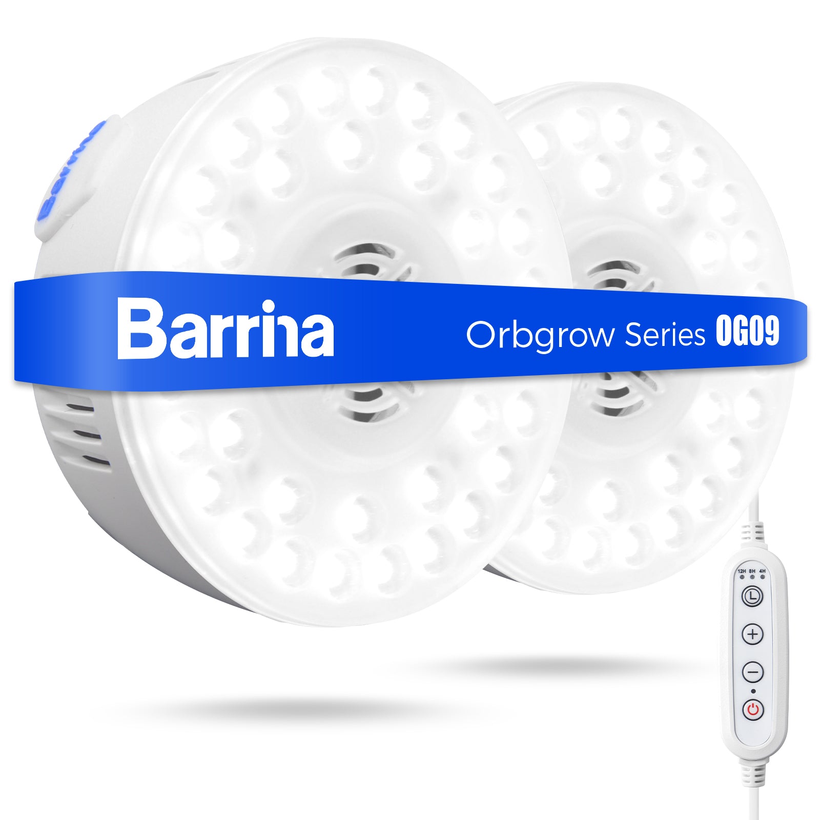 Barrina Orbgrow Series 9W Puck LED Grow Lights with a magnetic and linkable design, featuring a blue label and a dimming controller.
