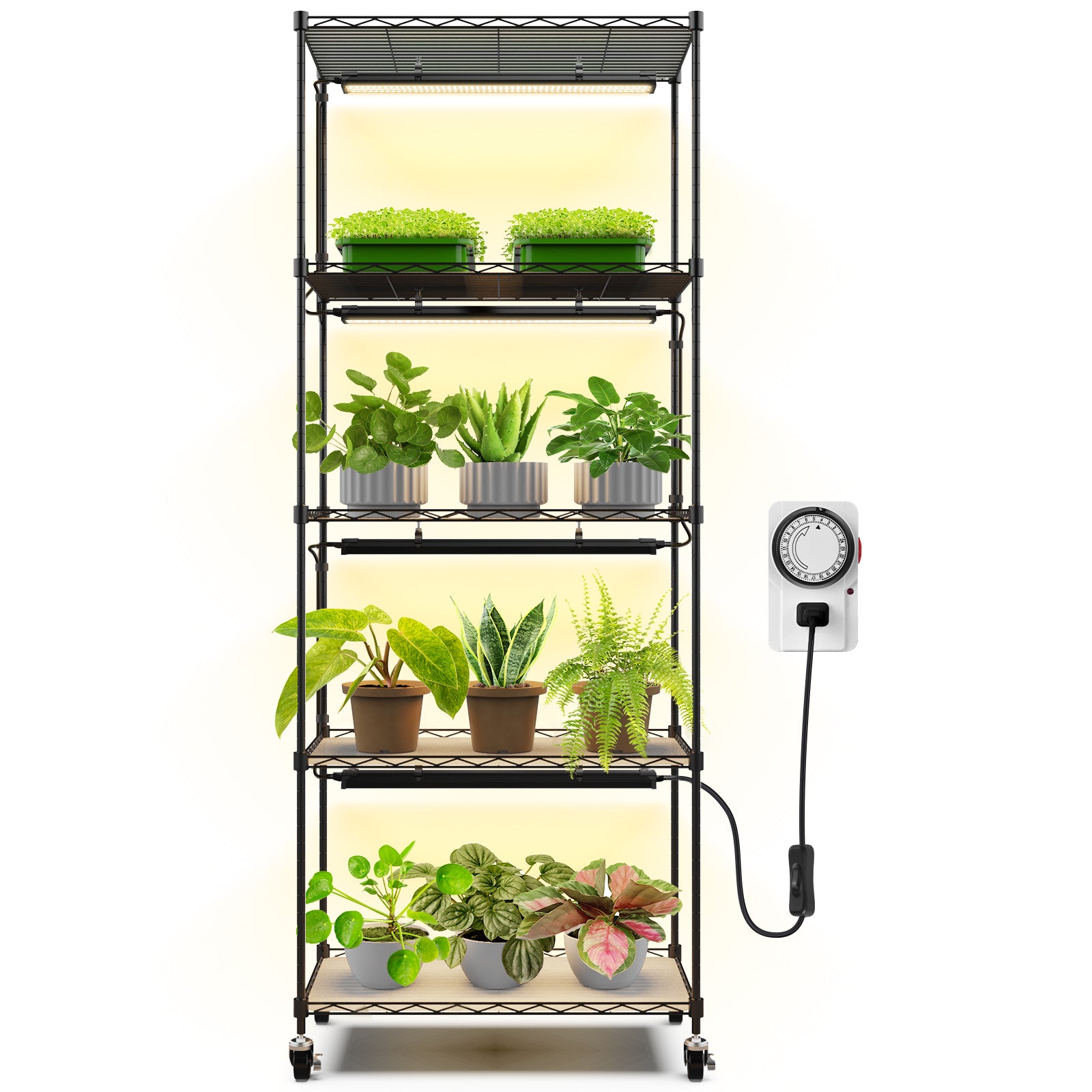 Barrina 5-Tier Plant Stand with 4-Pack 25W TX Series Grow Lights 1.6FT Yellow Light | Full Spectrum & Timer | CX91