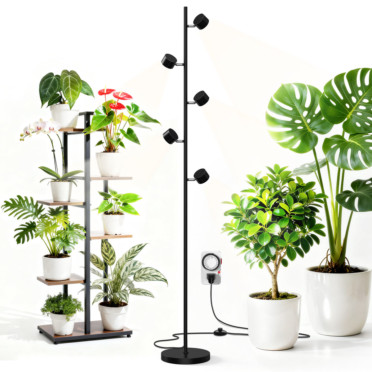 Barrina T1X5 50W LED Standing Grow Light 6FT 5000K with Timer | Full Spectrum & Adjustable 5 Heads | T1X5