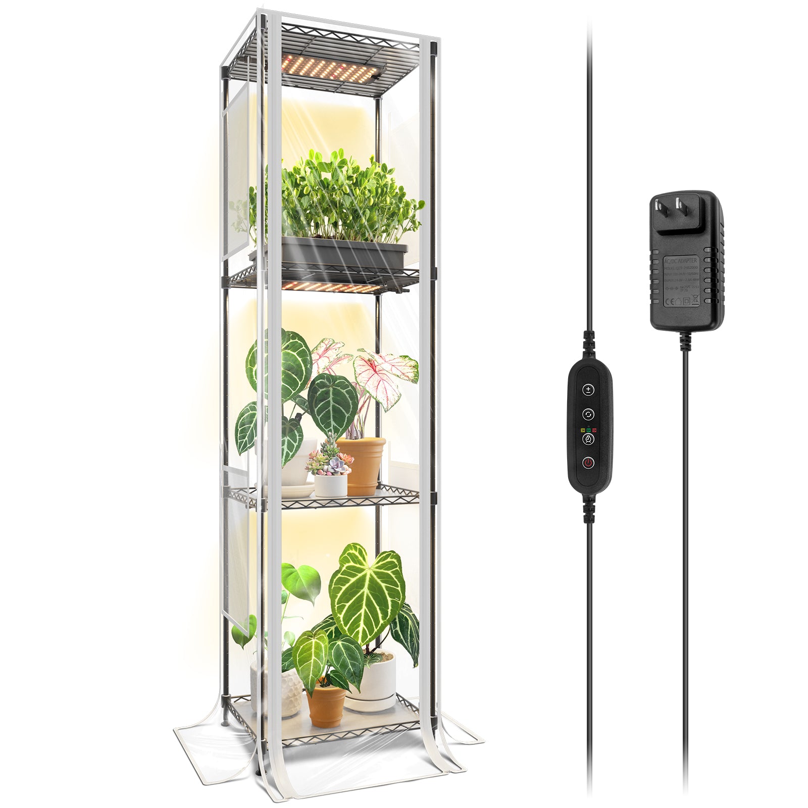 Barrina 4-Tier Plant Stand with 4-Pack 10W Grow Lights Panels 3 Spectrums | Full Spectrum, Tent & Timer | CX83Z