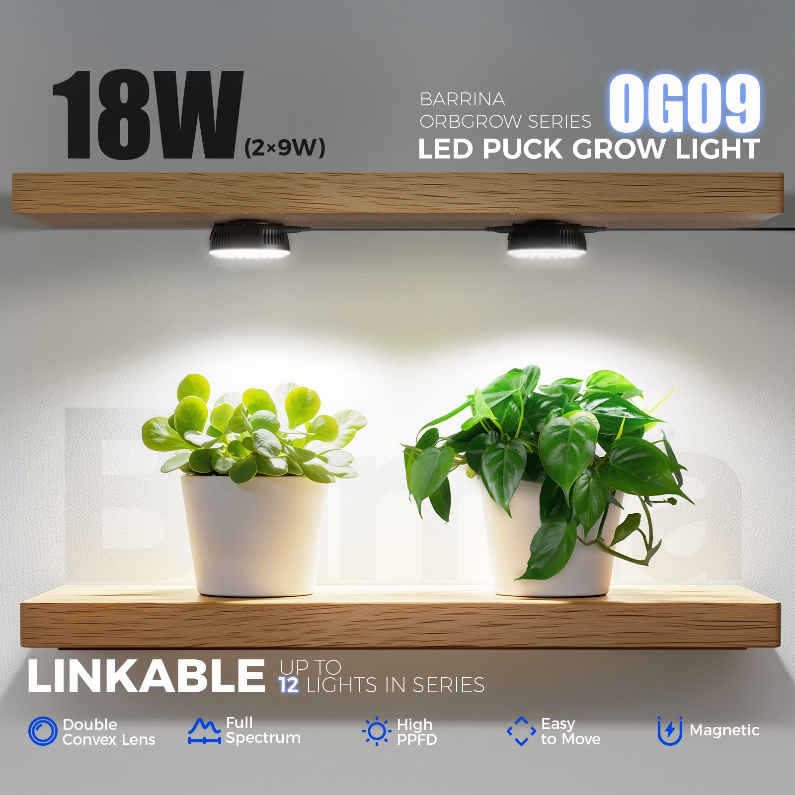 Barrina Orbgrow 9W LED Puck Grow Lights 5000K | Full Spectrum, Magnetic & Linkable | OG09