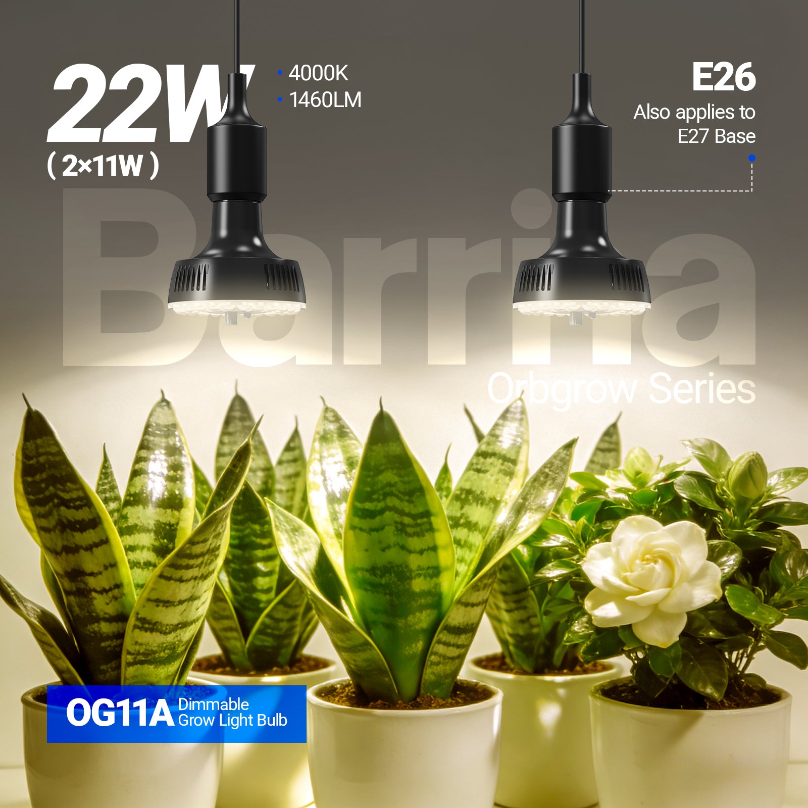 Barrina Orbgrow 11W LED Grow Light Bulb 4000K | Full Spectrum, Dimmable, Timer & E26 Base | OG11A (Black)