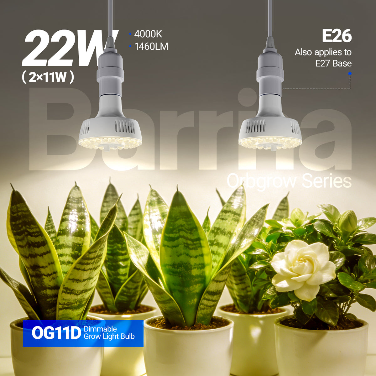 Barrina Orbgrow 11W LED Grow Light Bulb 4000K | Full Spectrum,Dimmable,Timer & E26 Base | OG11D (White)