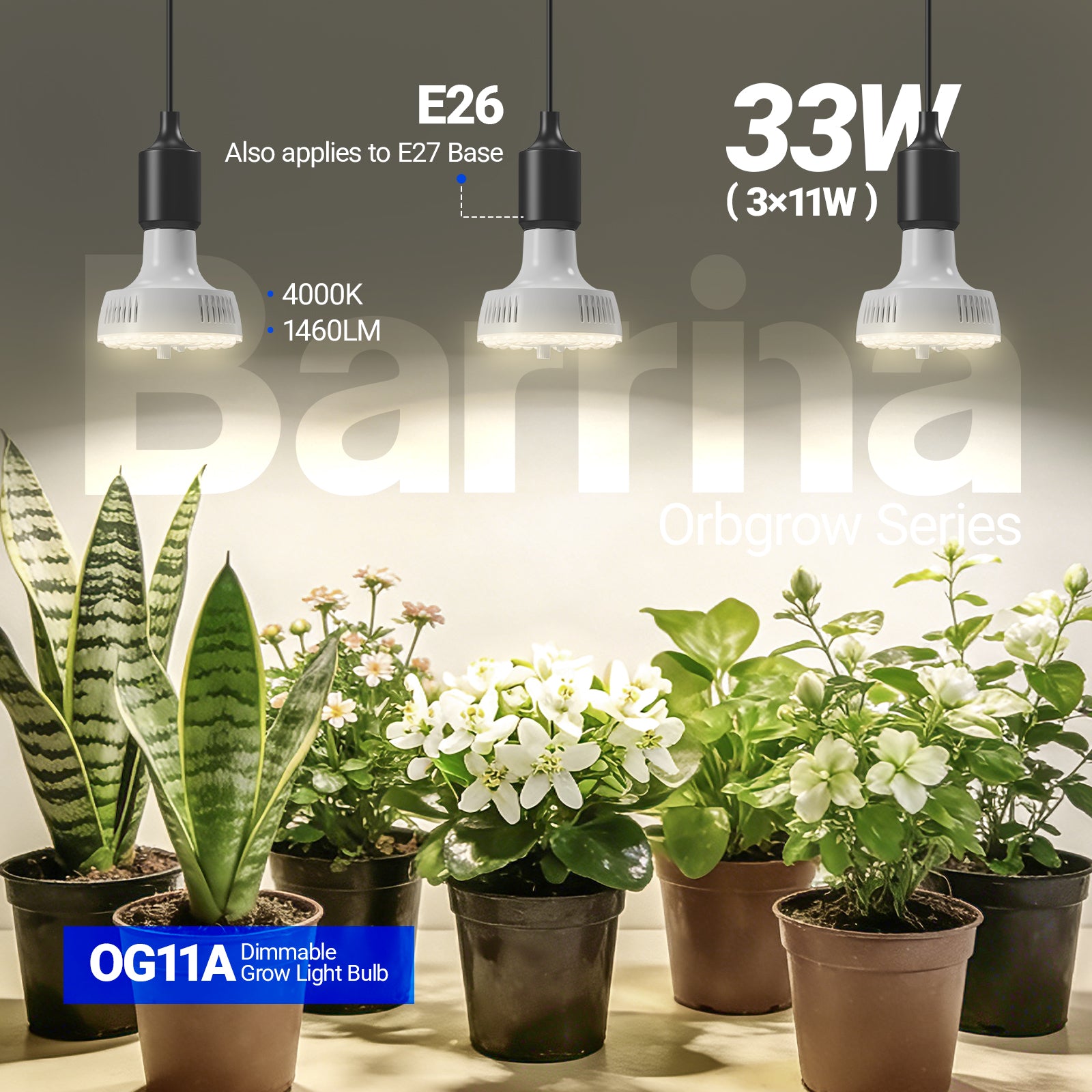 Barrina Orbgrow 11W LED Grow Light Bulb 4000K | Full Spectrum, Dimmable, Timer & E26 Base | OG11A (White)
