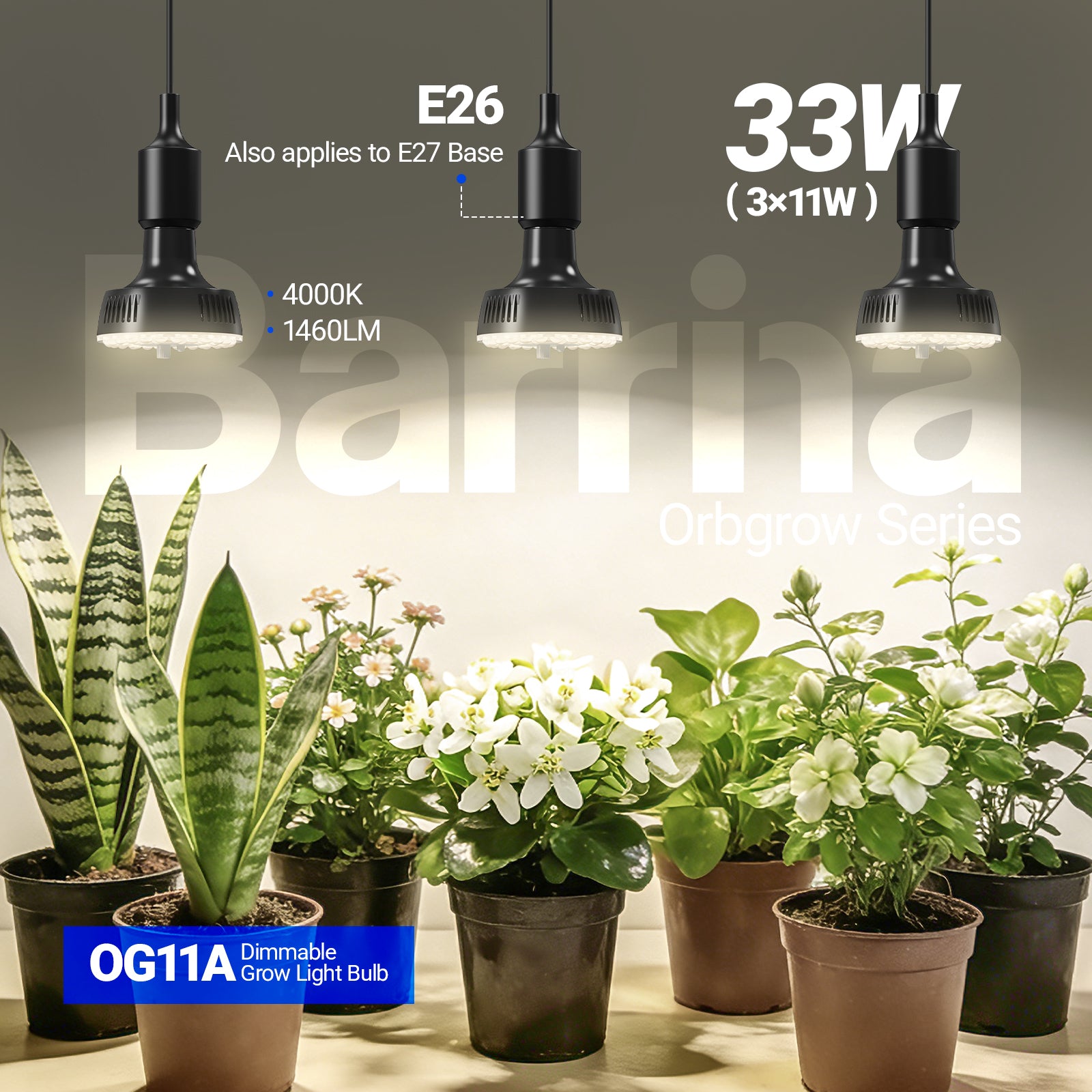 Barrina Orbgrow 11W LED Grow Light Bulb 4000K | Full Spectrum, Dimmable, Timer & E26 Base | OG11A (Black)