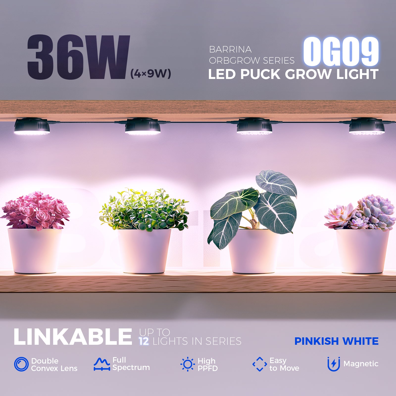 Barrina Orbgrow 9W LED Puck Grow Lights Pinkish White | Full Spectrum, Magnetic, Timer, Dimmable & Linkable | OG09