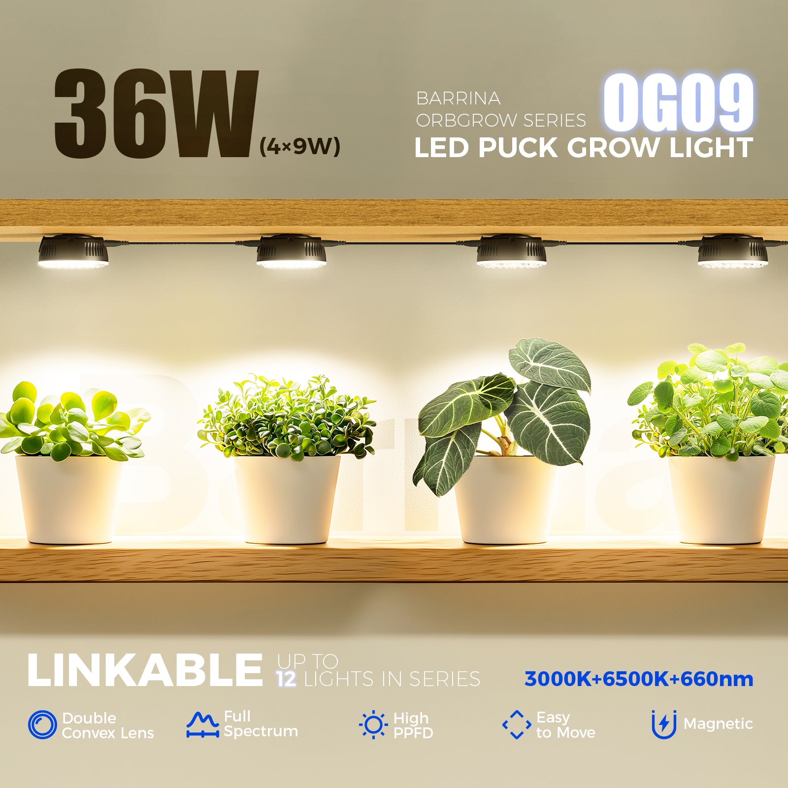 Barrina Orbgrow 9W LED Puck Grow Lights 3000K+6500K+660nm | Full Spectrum, Magnetic, Timer, Dimmable & Linkable | OG09
