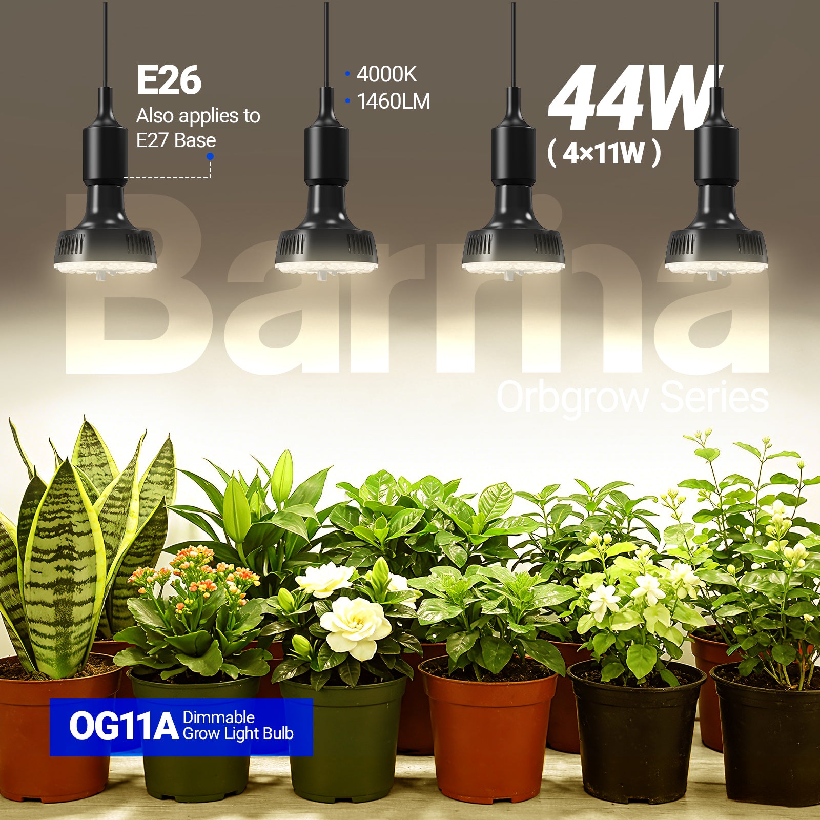 Barrina Orbgrow 11W LED Grow Light Bulb 4000K | Full Spectrum, Dimmable, Timer & E26 Base | OG11A (Black)