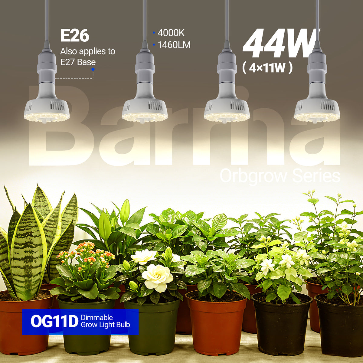Barrina Orbgrow 11W LED Grow Light Bulb 4000K | Full Spectrum,Dimmable,Timer & E26 Base | OG11D (White)