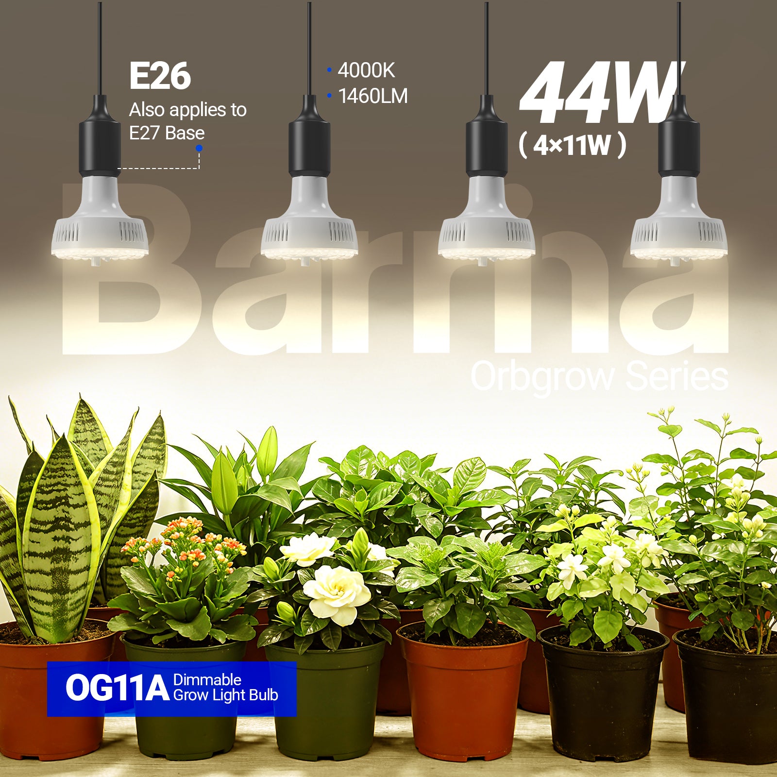 Barrina Orbgrow 11W LED Grow Light Bulb 4000K | Full Spectrum, Dimmable, Timer & E26 Base | OG11A (White)