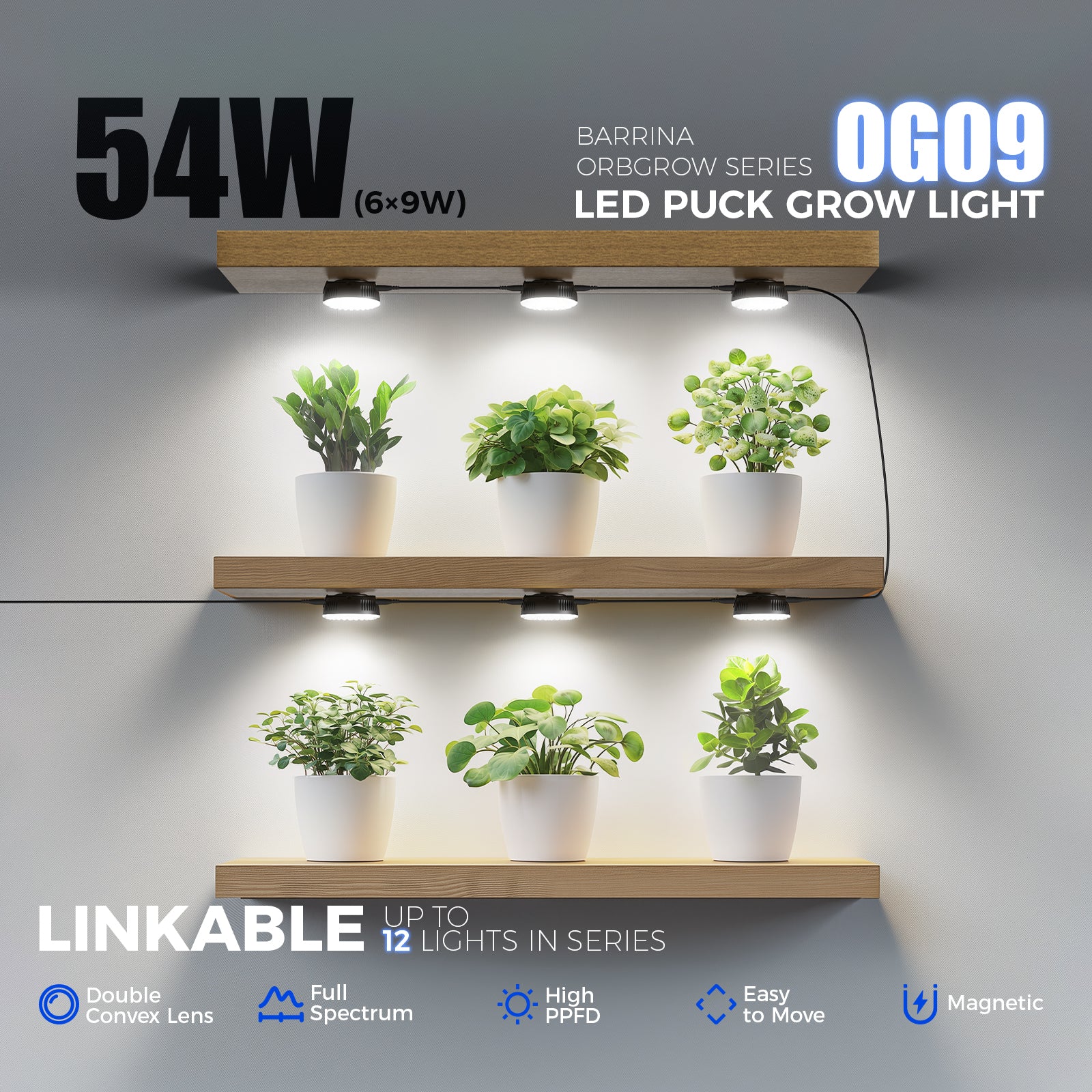Barrina Orbgrow 9W LED Puck Grow Lights 5000K | Full Spectrum, Magnetic & Linkable | OG09
