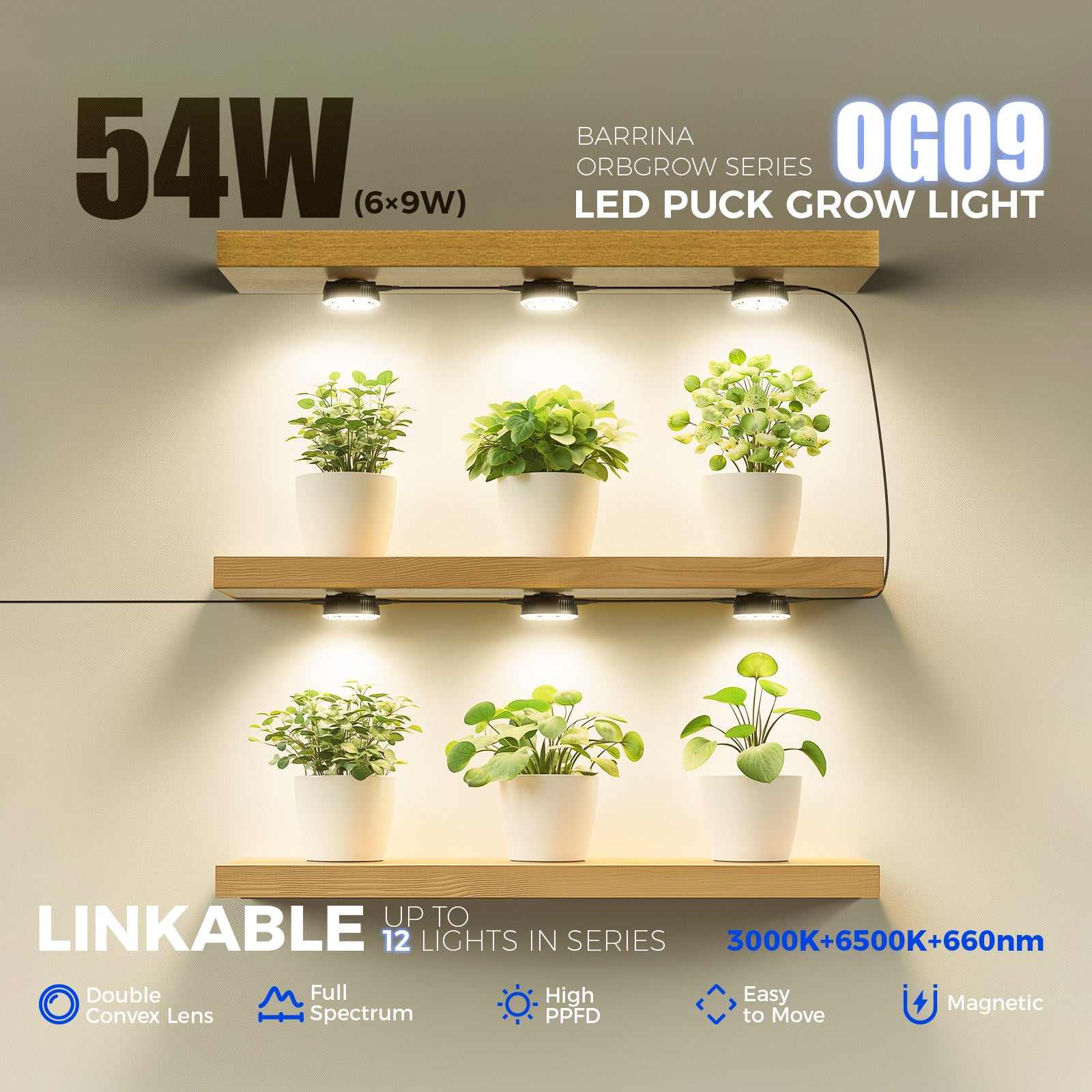 Barrina Orbgrow 9W LED Puck Grow Lights 3000K+6500K+660nm | Full Spectrum, Magnetic, Timer, Dimmable & Linkable | OG09