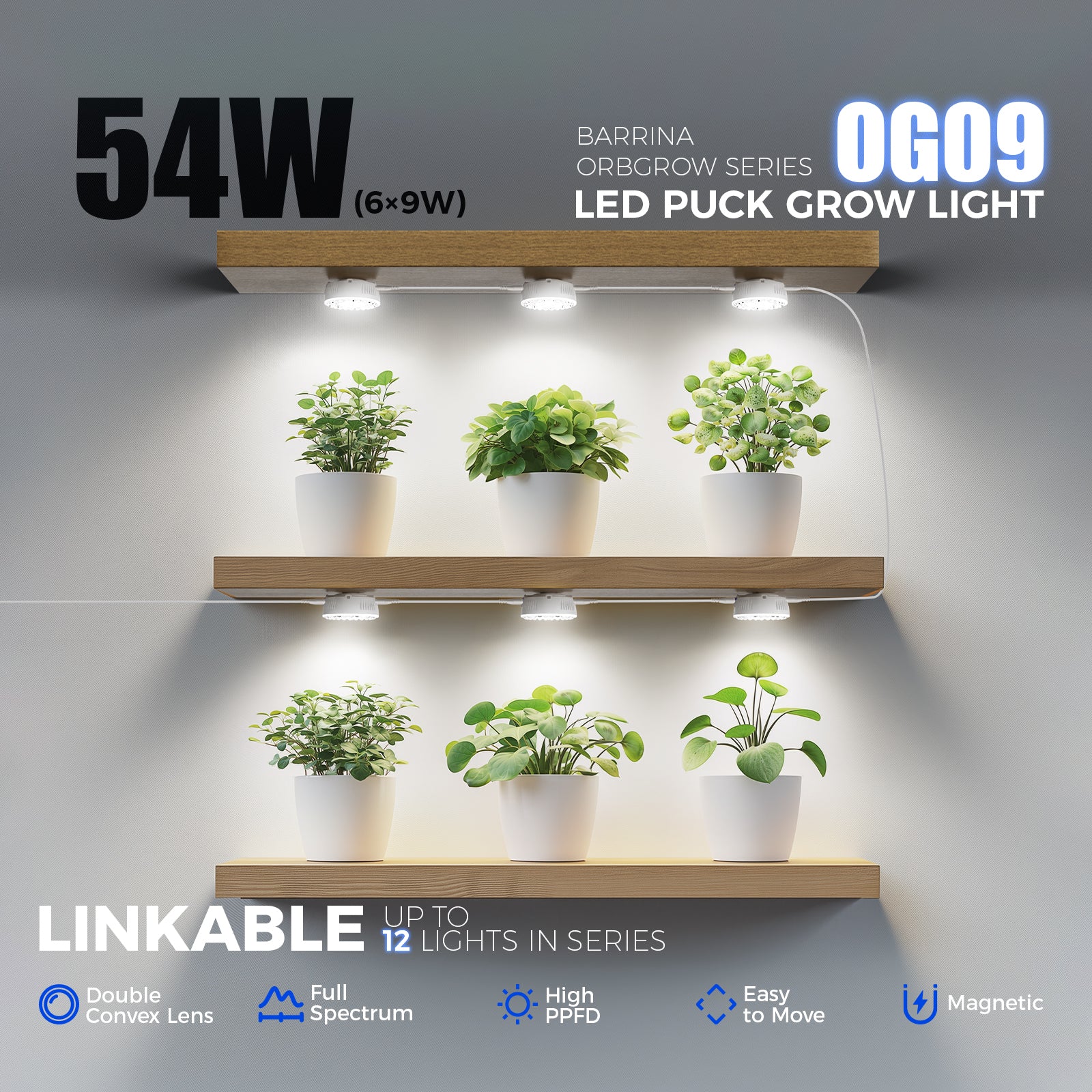Barrina Orbgrow 9W LED Puck Grow Lights 5000K | Full Spectrum, Magnetic, Timer, Dimmable & Linkable | OG09