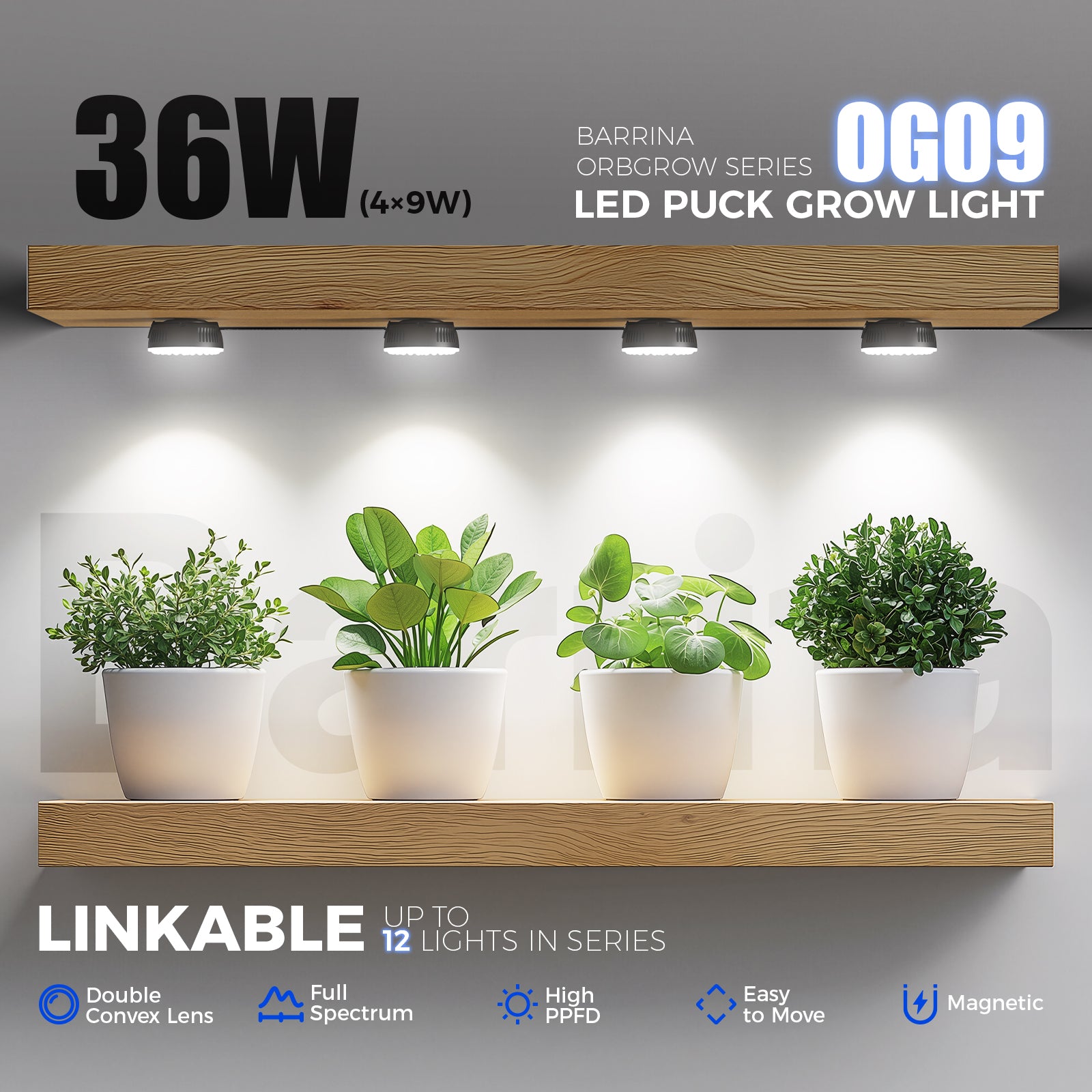 Barrina Orbgrow 9W LED Puck Grow Lights 5000K | Full Spectrum, Magnetic, Timer, Dimmable & Linkable | OG09