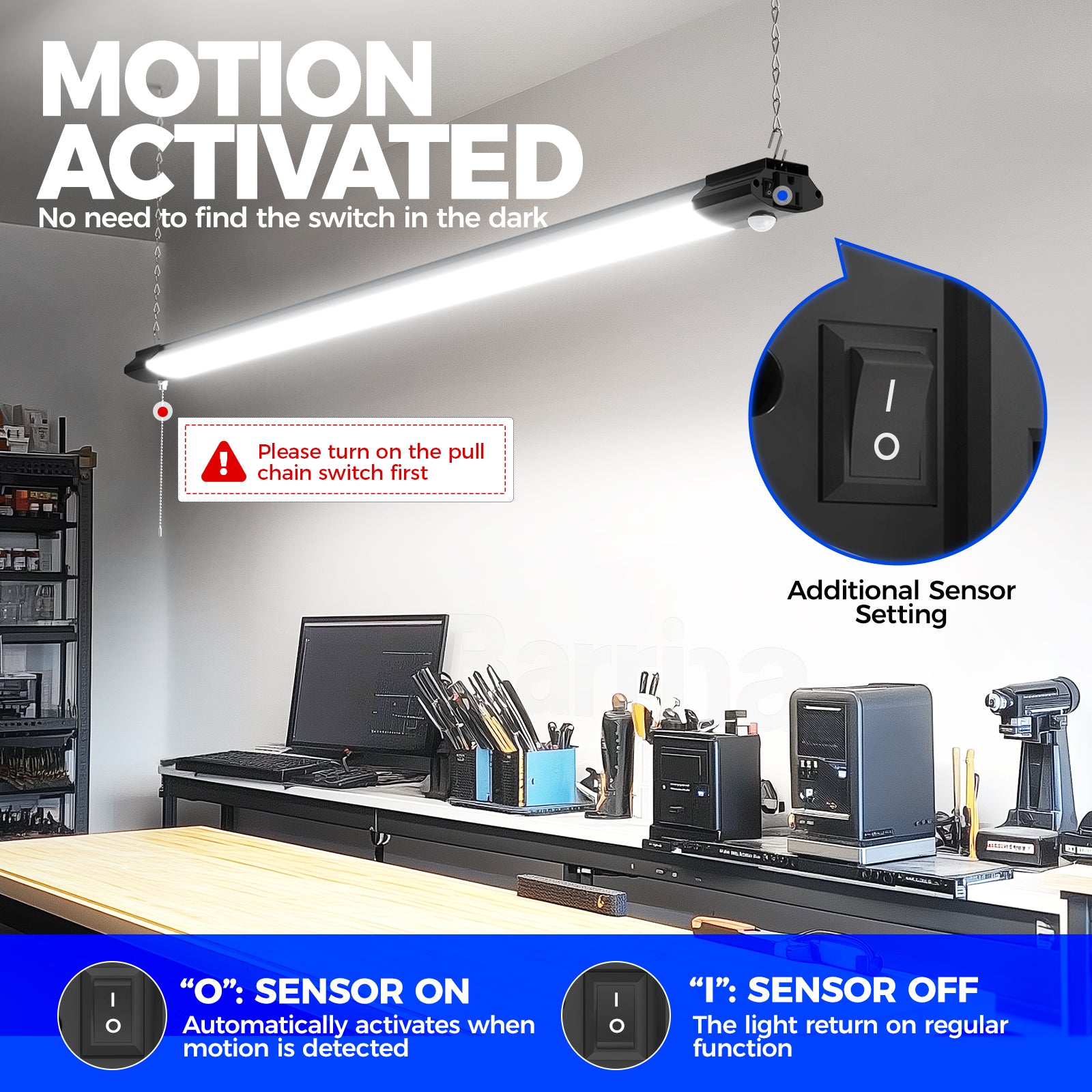 Barrina 84W LED Shop Light 4FT 5000K 10000LM | Motion Sensor, Hanging, Linkable & Power Plug Cords | BS84