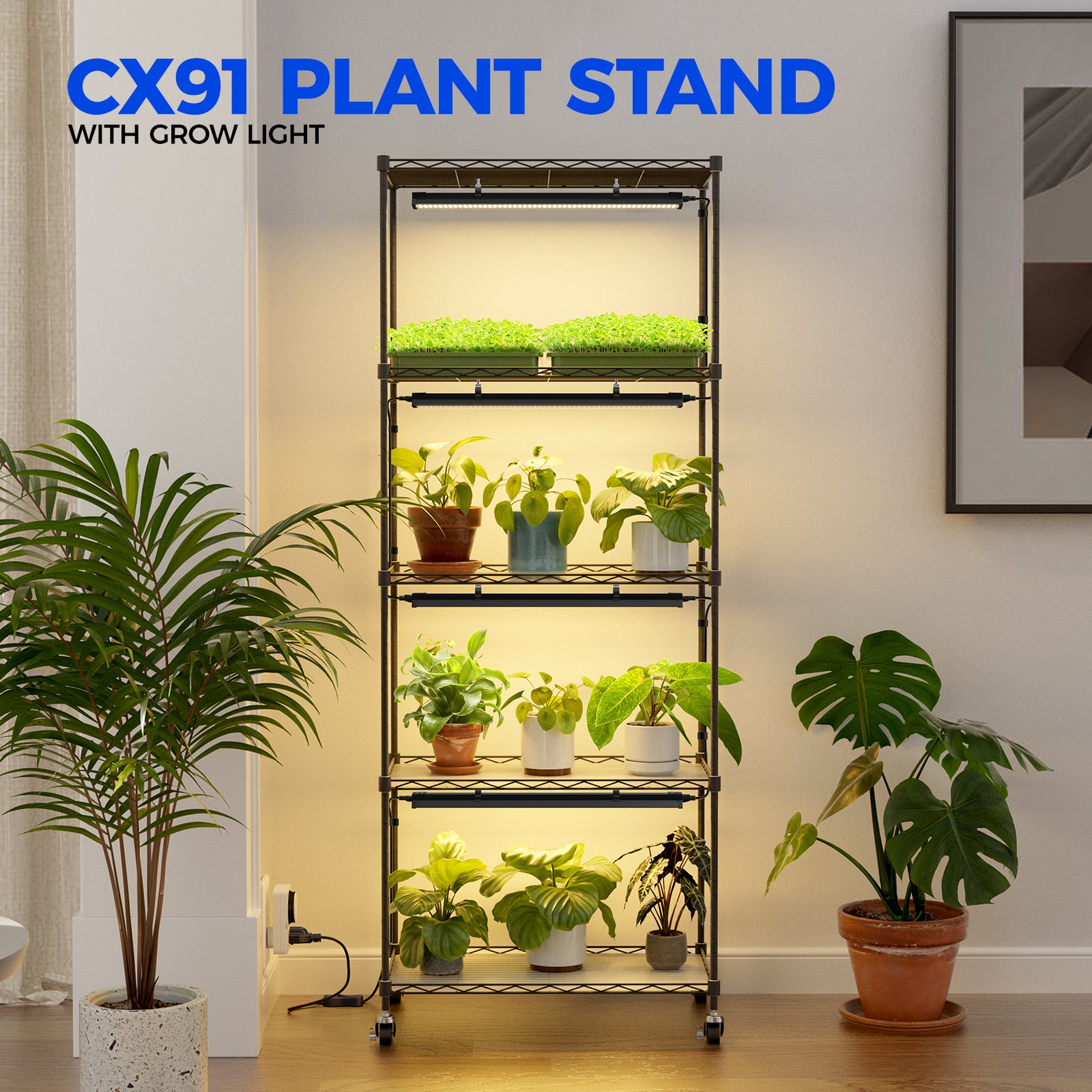 Barrina 5-Tier Plant Stand with 4-Pack 25W TX Series Grow Lights 1.6FT Yellow Light | Full Spectrum & Timer | CX91