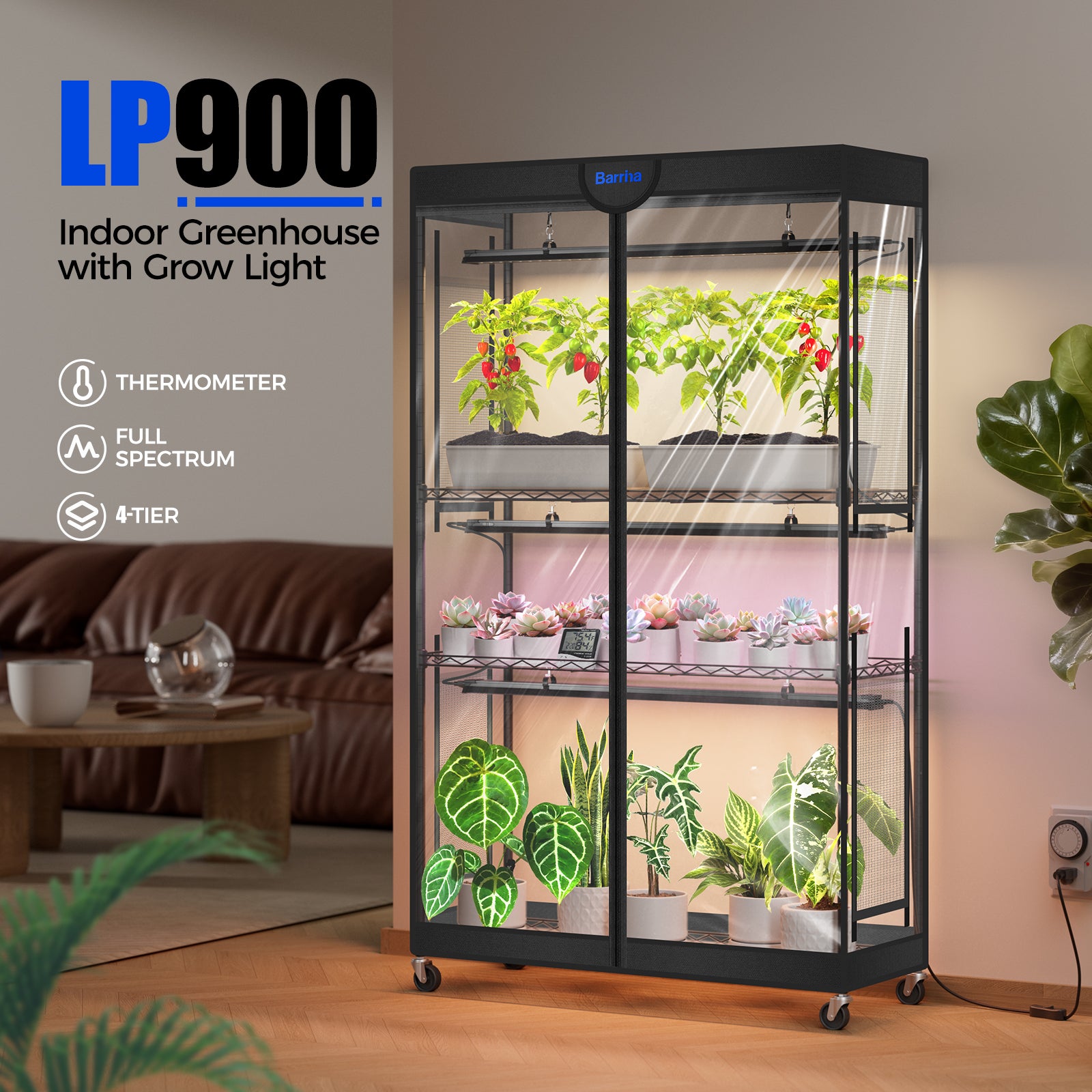 Barrina LP900 Greenhouse with 3-Pack 45W TX-S45 Grow Lights 3FT 5000K | Full Spectrum, Tent, Thermo-Hygrometer & Timer | LP900