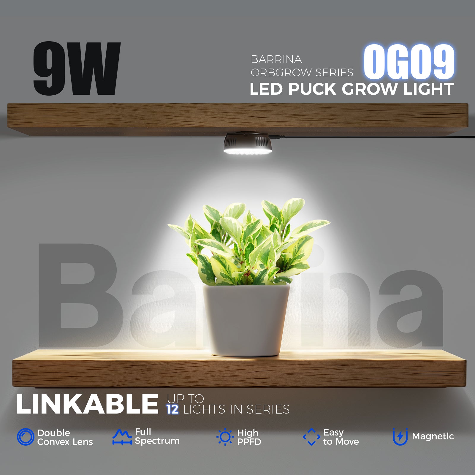 Barrina Orbgrow 9W LED Puck Grow Lights 5000K | Full Spectrum, Magnetic & Linkable | OG09