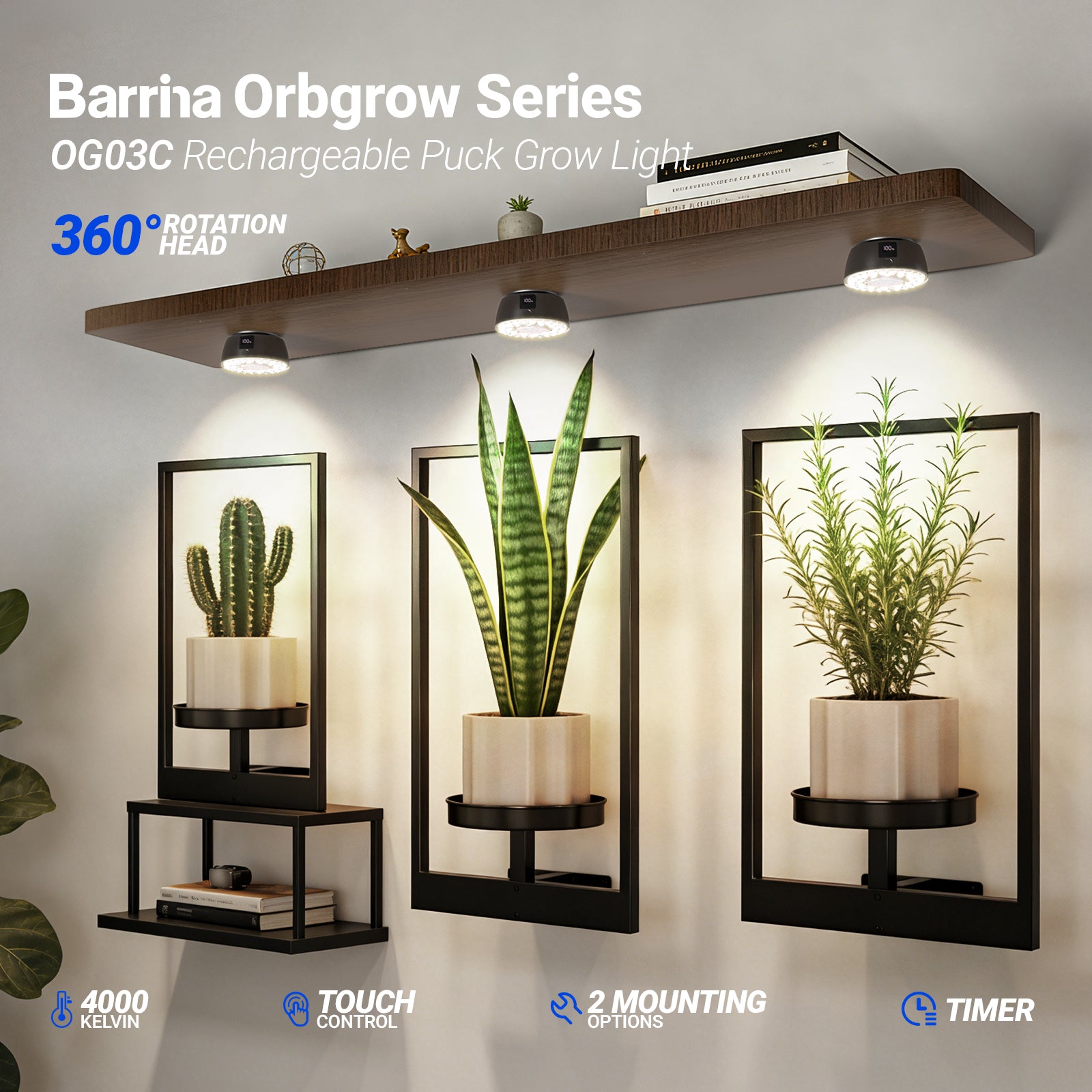 Barrina Orbgrow Rechargeable LED Puck Grow Lights 4000K | Full Spectrum, Magnetic & Timing | OG03C (Black)