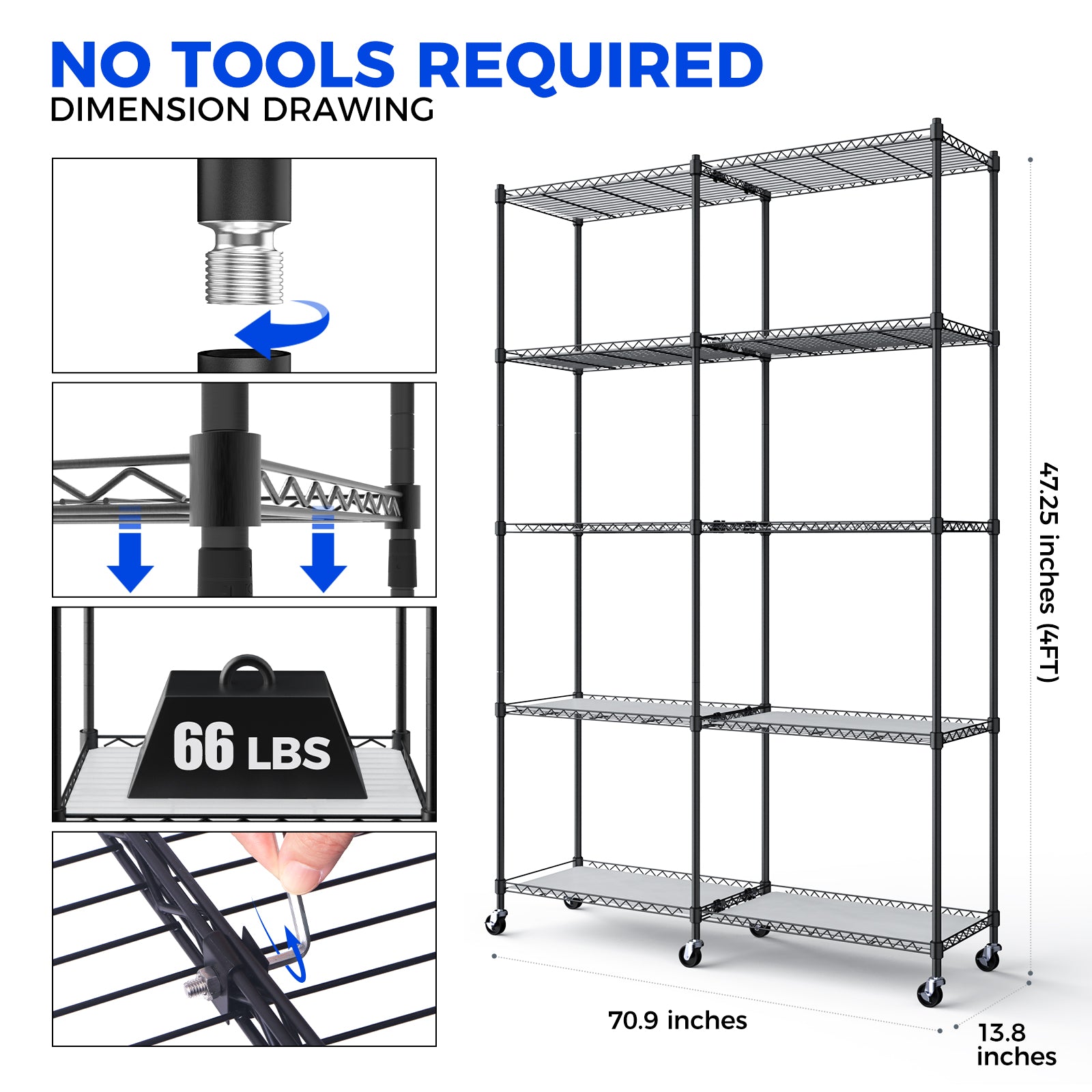 Metal shelving unit with dimensions and weight capacity on a white background