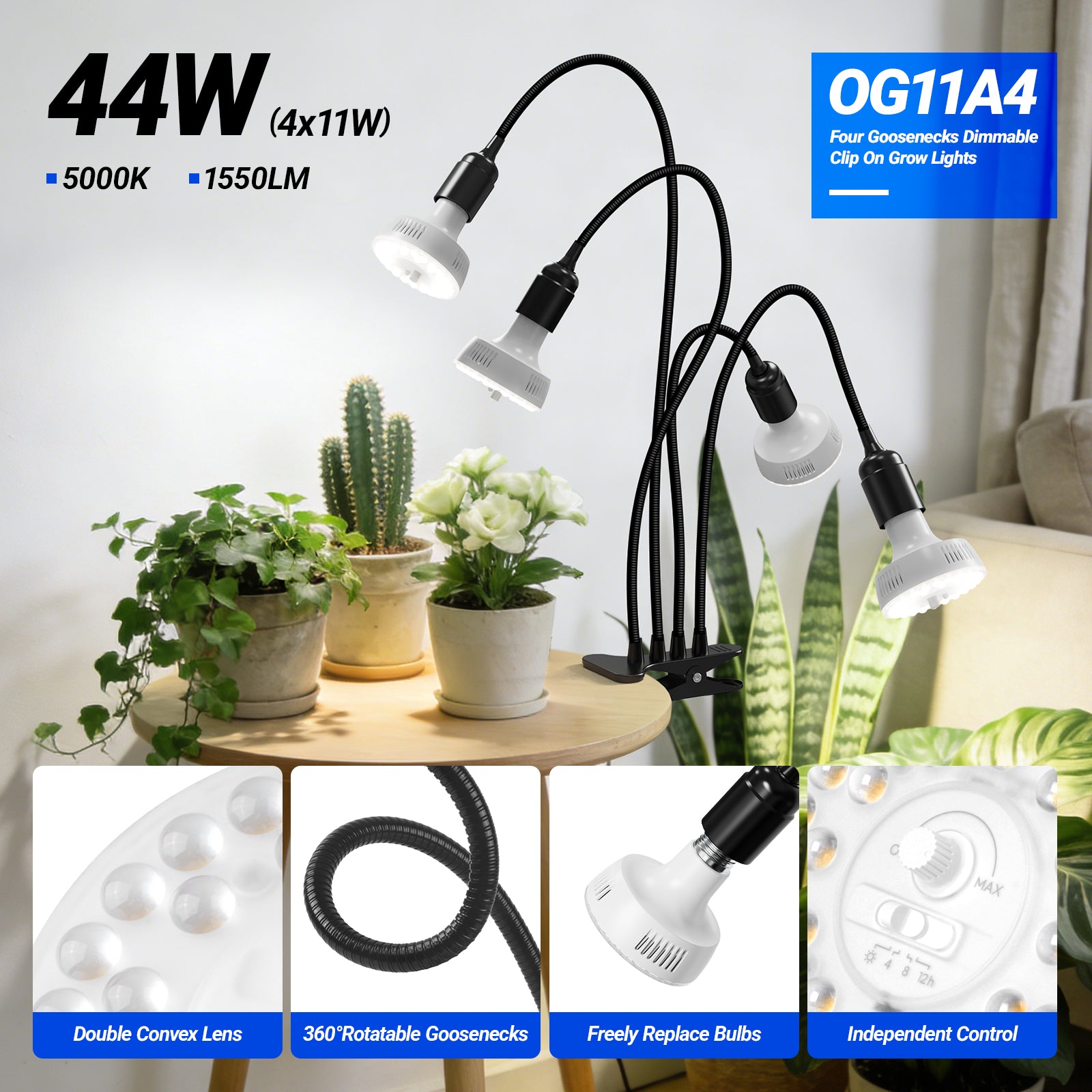 Barrina Orbgrow 4 x 11W Clip-On LED Grow Lights 5000K | Full Spectrum, Dimmable & Timing | OG11A