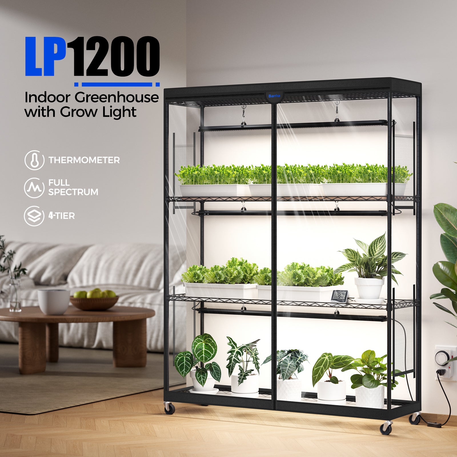 Barrina LP1200 Greenhouse with 3-Pack 50W TX-S50 Grow Lights 3.2FT 5000K | Full Spectrum, Tent, Thermo-Hygrometer & Timer | LP1200