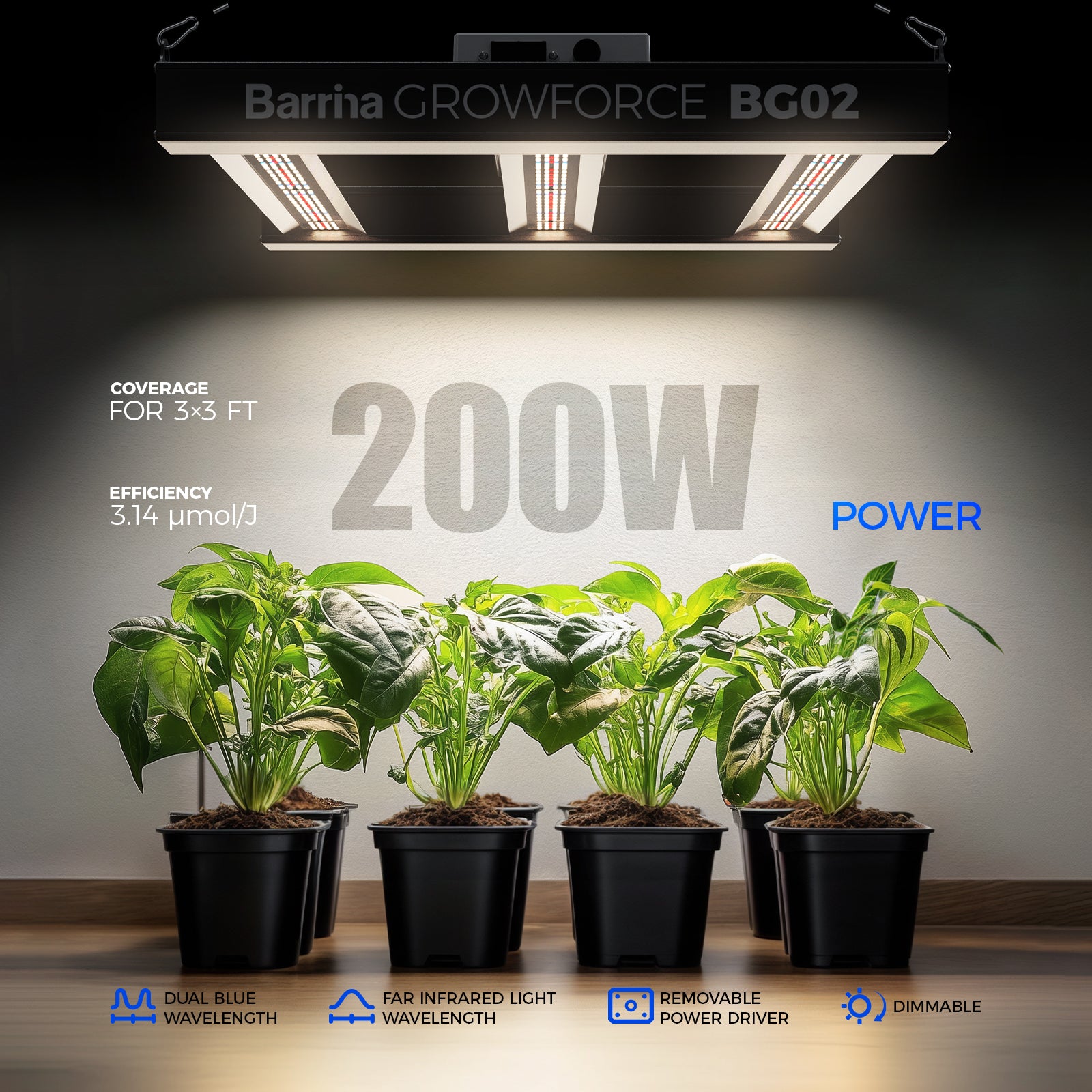 Barrina GrowForce 200W LED Commercial Grow Light Dual Blue & FIR Light 3 x 3 | Full Spectrum & Dimmable | BG02