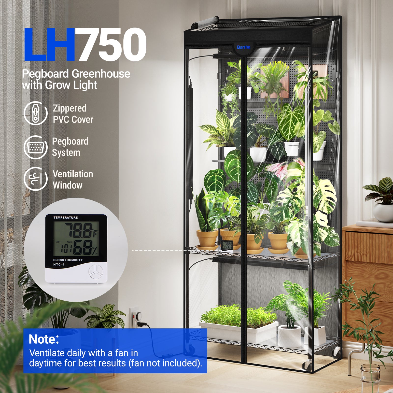 Barrina LH750 Greenhouse with 4-Pack Grow Lights 2FT 5000K | Full Spectrum, Pegboards, Tent, Thermo-Hygrometer & Timer | LH750
