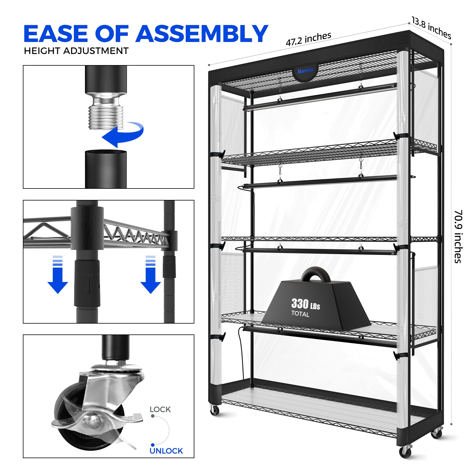 Barrina LP1200 Greenhouse with 4-Pack 50W TX-S50 Grow Lights 3.2FT 5000K | Full Spectrum, Tent, Thermo-Hygrometer & Timer | LP1200
