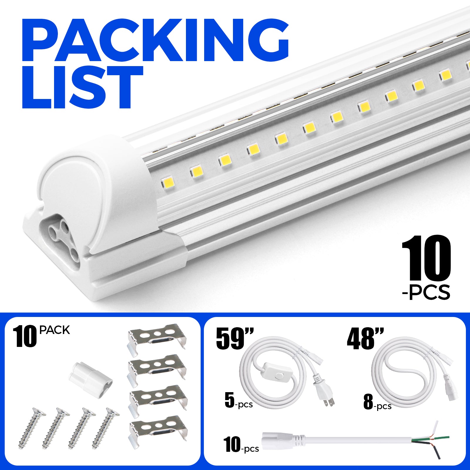 Barrina T8 72W LED Shop Lights 8FT 6500K 10000LM 10 Pack | Clear Cover & V Shape Tube | BAX72
