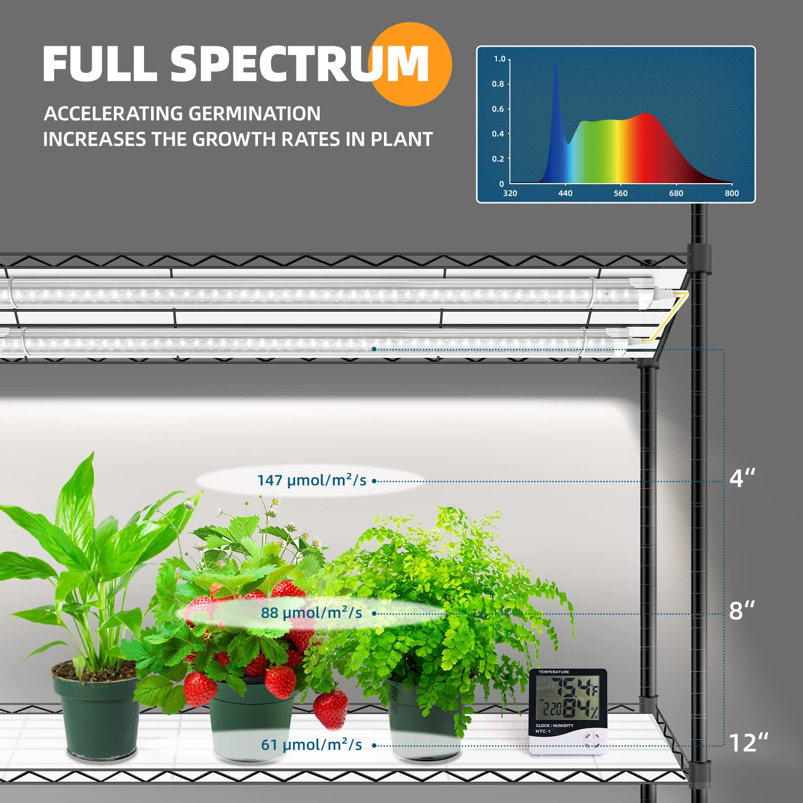 Barrina T8 4-Tire Plant Stand with 6Pcs 30W LED Grow Light 3FT 5000K