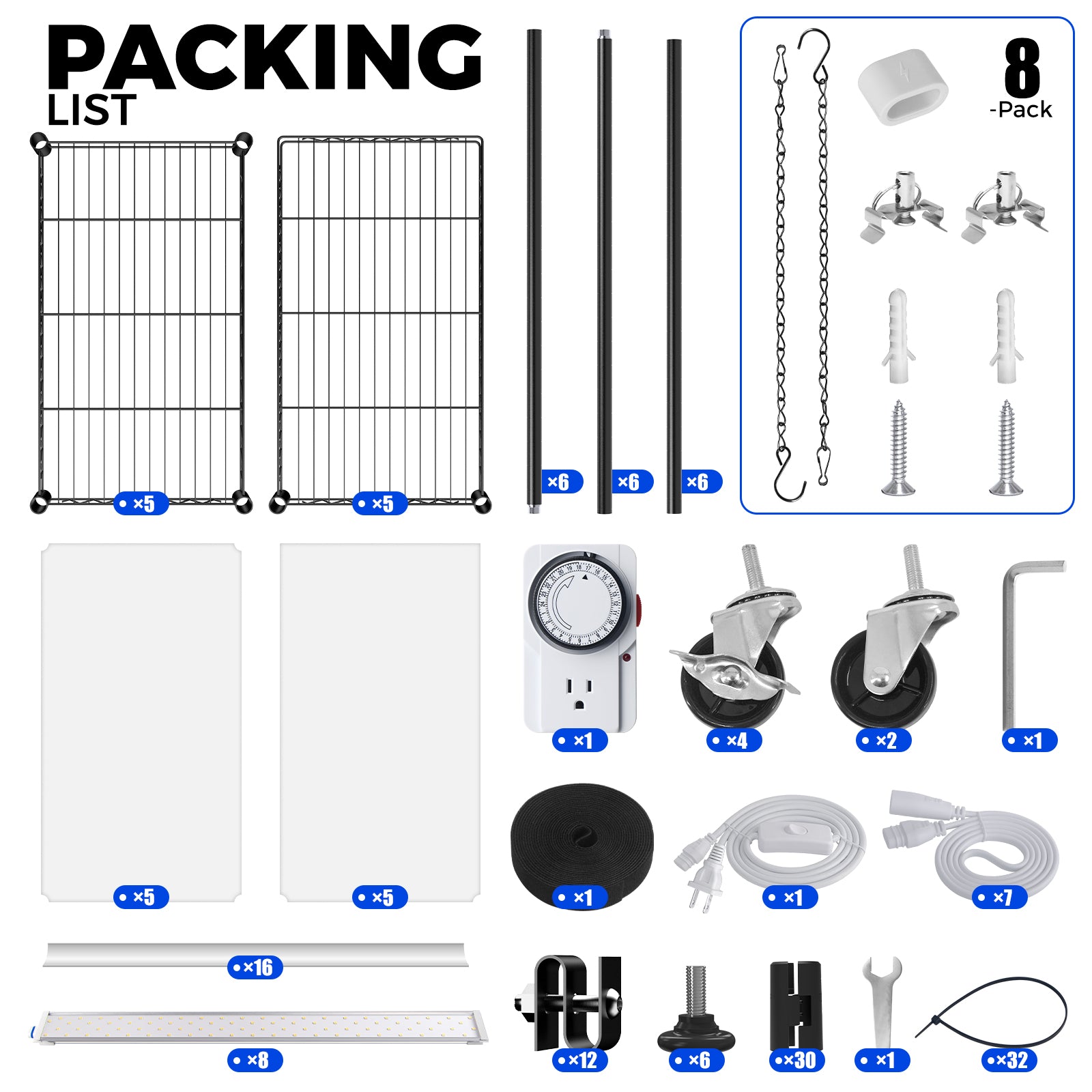 Packing list for a set of garden or outdoor equipment with various components.