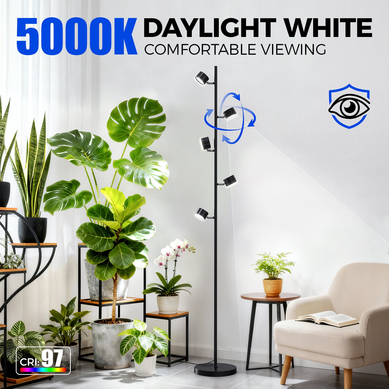 Barrina T1X5 50W LED Standing Grow Light 6FT 5000K | Full Spectrum & Adjustable 5 Heads | T1X5