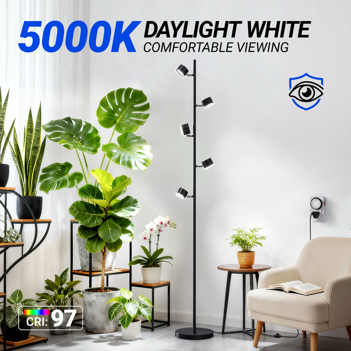 Barrina T1X5 50W LED Standing Grow Light 6FT 5000K with Timer | Full Spectrum & Adjustable 5 Heads | T1X5